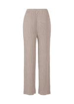 The ISSEY MIYAKE HATCHING PLEATS pants are beige, high-waisted, wide-leg with pleats, a crinkled texture, an elastic waistband, and no visible fastenings or embellishments, shown against a plain white background.