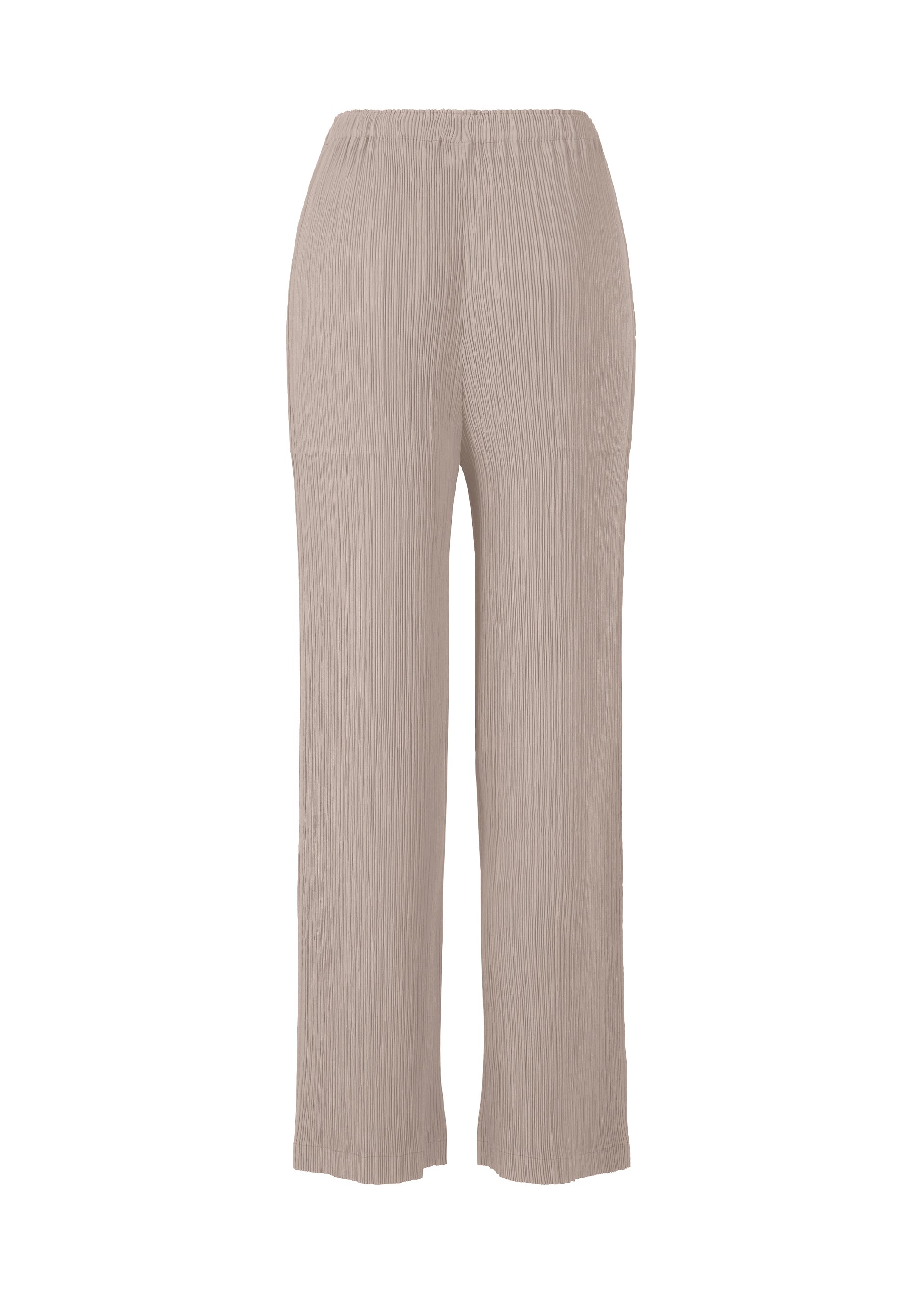 Zoomed view The ISSEY MIYAKE HATCHING PLEATS pants are beige, high-waisted, wide-leg with pleats, a crinkled texture, an elastic waistband, and no visible fastenings or embellishments, shown against a plain white background.