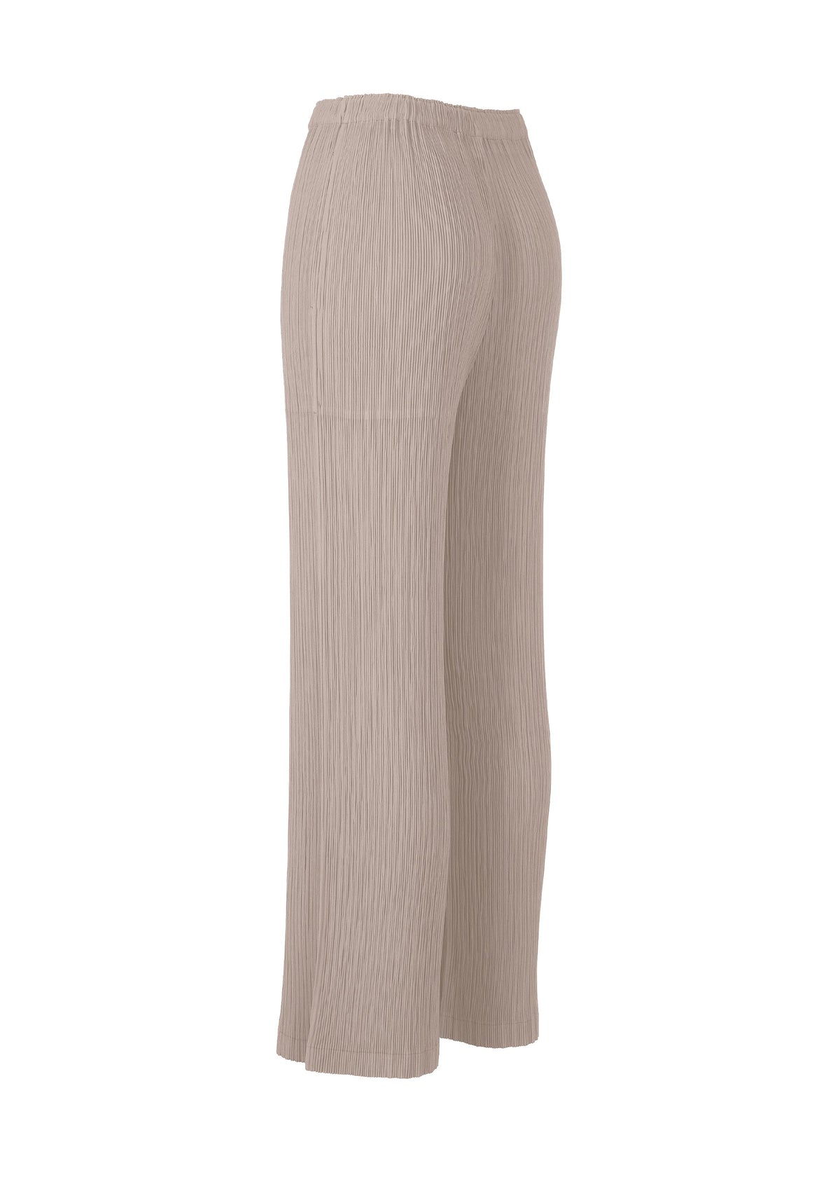Side view of ISSEY MIYAKE HATCHING PLEATS, loose-fitting high-waisted beige straight pants with pleated texture and elastic waistband, made from recycled polyester, shown against a white background. view 3 of 5