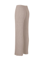 Side view of ISSEY MIYAKE HATCHING PLEATS, loose-fitting high-waisted beige straight pants with pleated texture and elastic waistband, made from recycled polyester, shown against a white background.