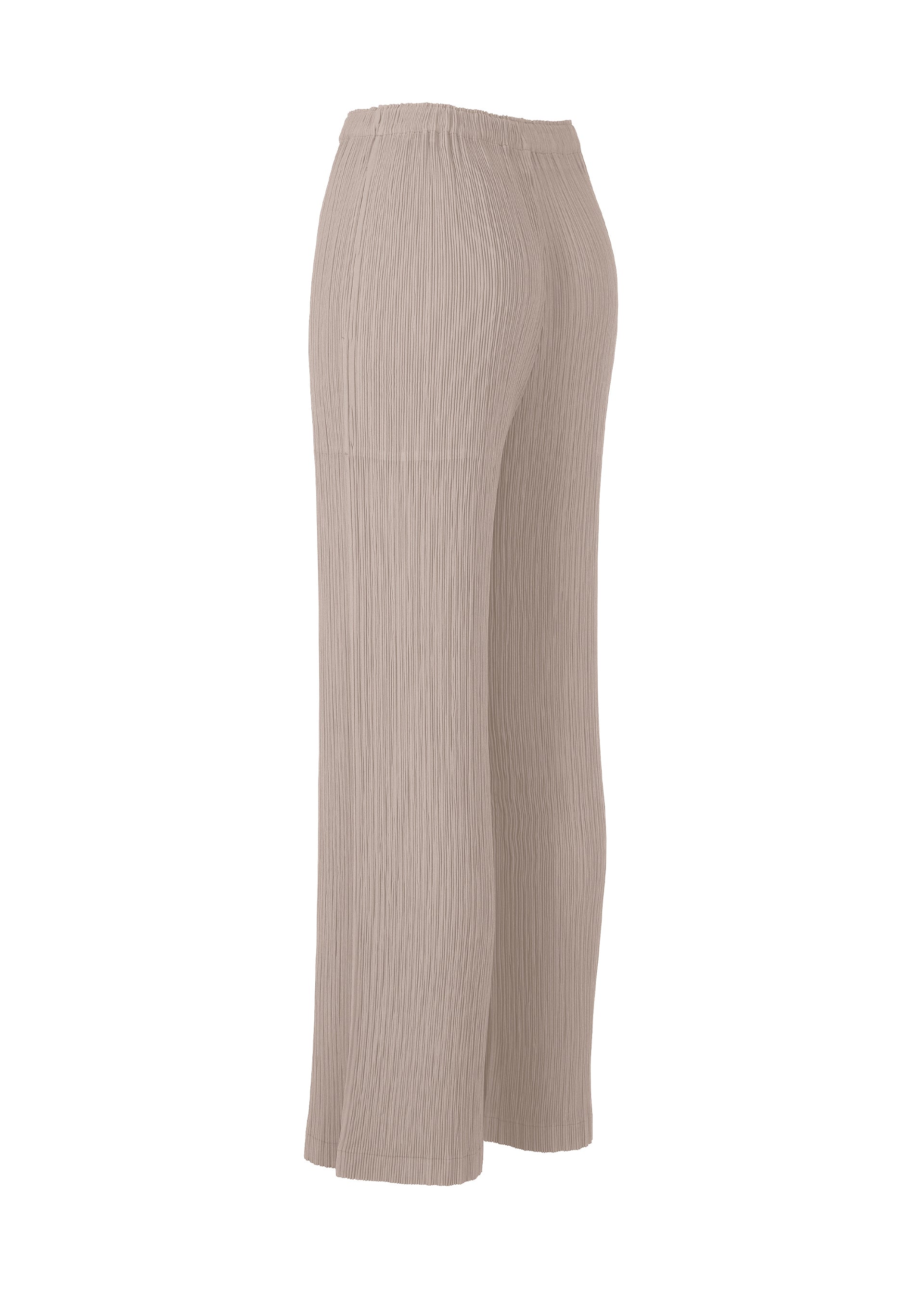Zoomed view Side view of ISSEY MIYAKE HATCHING PLEATS, loose-fitting high-waisted beige straight pants with pleated texture and elastic waistband, made from recycled polyester, shown against a white background.