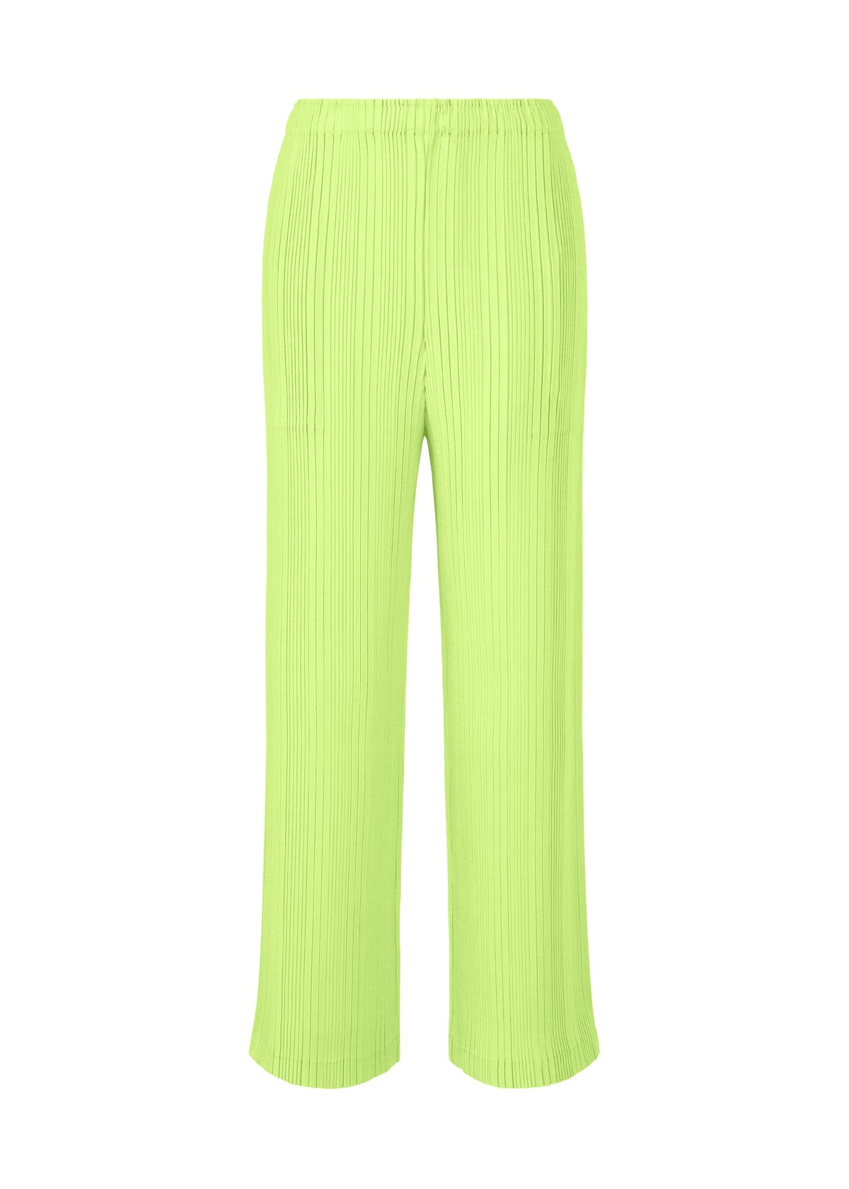 ISSEY MIYAKE LINEN LIKE RIB PLEATS: Bright lime green wide-leg pleated pants in linen-like polyester with an elastic waistband, shown against a white background. view 2 of 8
