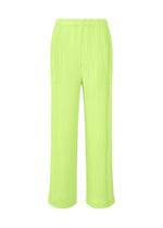 ISSEY MIYAKE LINEN LIKE RIB PLEATS: Bright lime green wide-leg pleated pants in linen-like polyester with an elastic waistband, shown against a white background. - LIME GREEN （no.60）