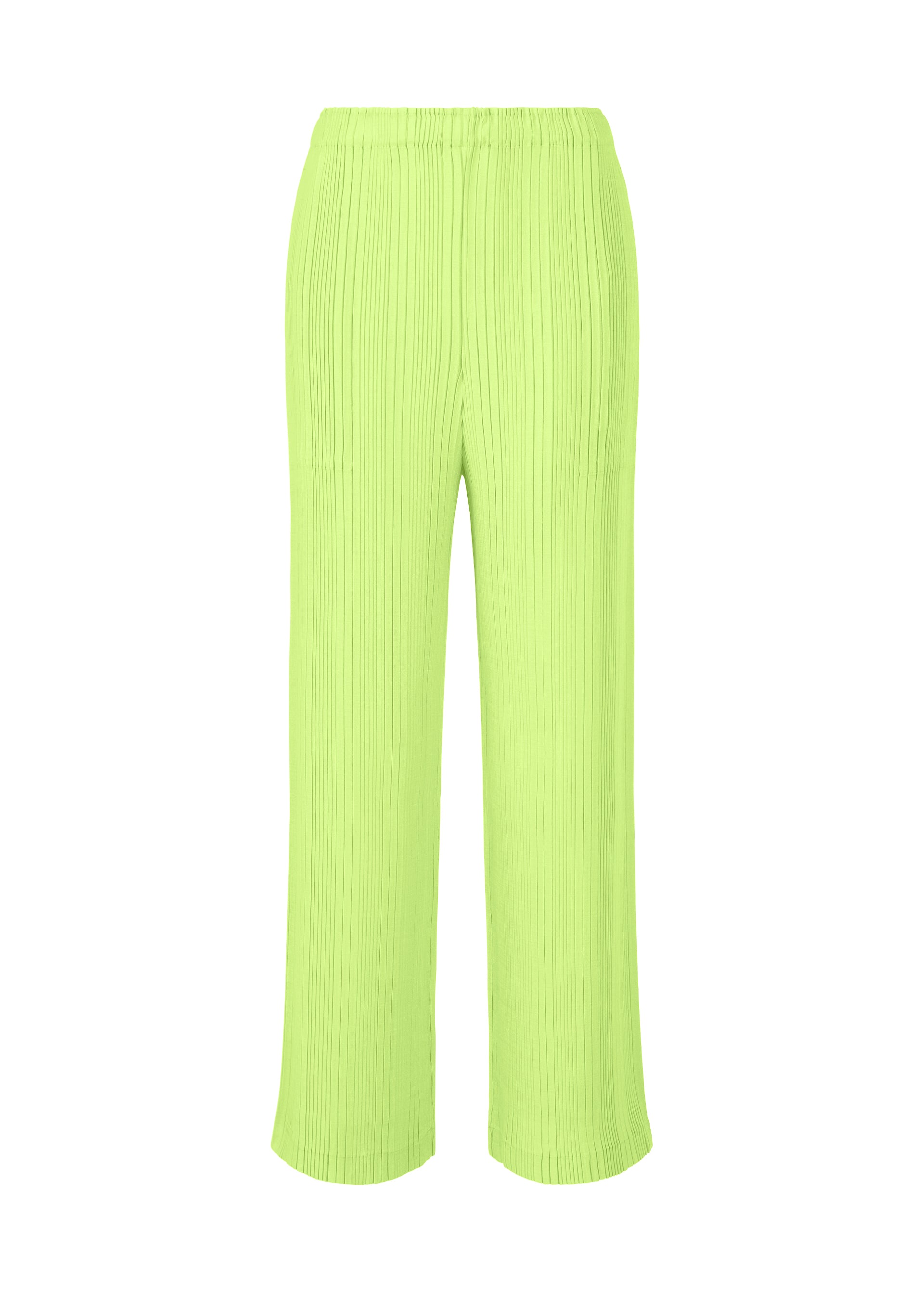 Zoomed view ISSEY MIYAKE LINEN LIKE RIB PLEATS: Bright lime green wide-leg pleated pants in linen-like polyester with an elastic waistband, shown against a white background. - LIME GREEN （no.60）