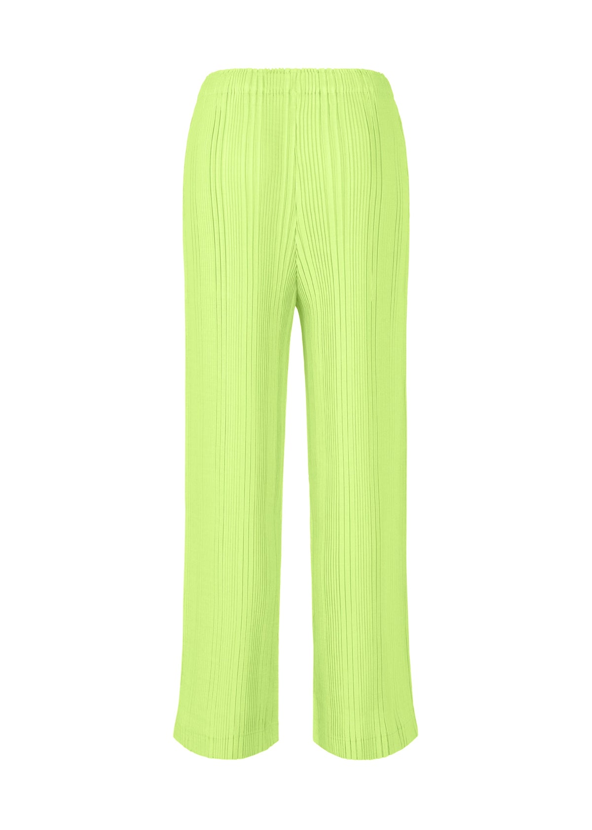 ISSEY MIYAKE LINEN LIKE RIB PLEATS: Loose, wide-leg pleated pants in bright lime green polyester with an elastic waistband, shown against a plain white background. view 4 of 8