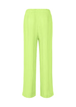 ISSEY MIYAKE LINEN LIKE RIB PLEATS: Loose, wide-leg pleated pants in bright lime green polyester with an elastic waistband, shown against a plain white background.