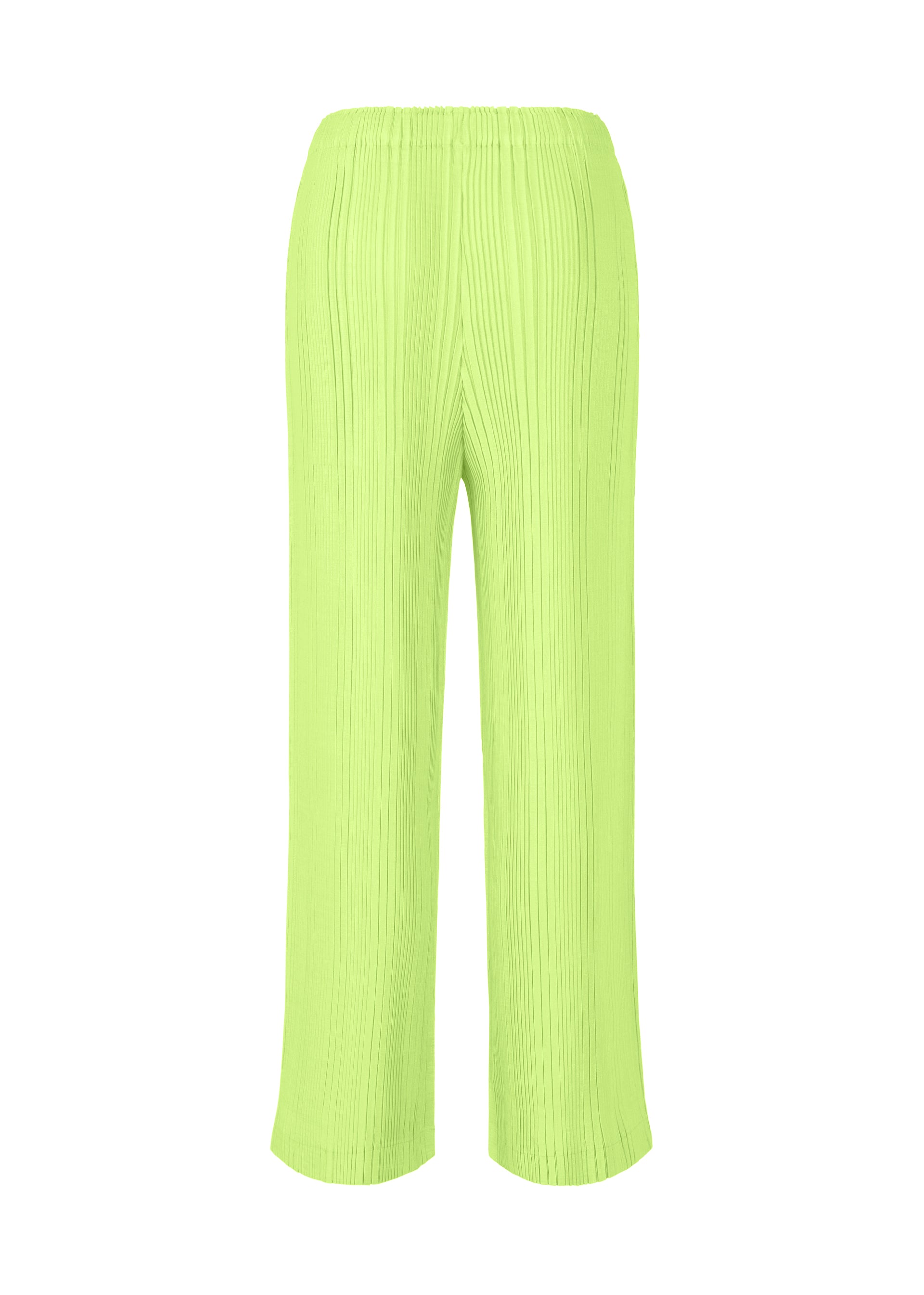 Zoomed view ISSEY MIYAKE LINEN LIKE RIB PLEATS: Loose, wide-leg pleated pants in bright lime green polyester with an elastic waistband, shown against a plain white background.