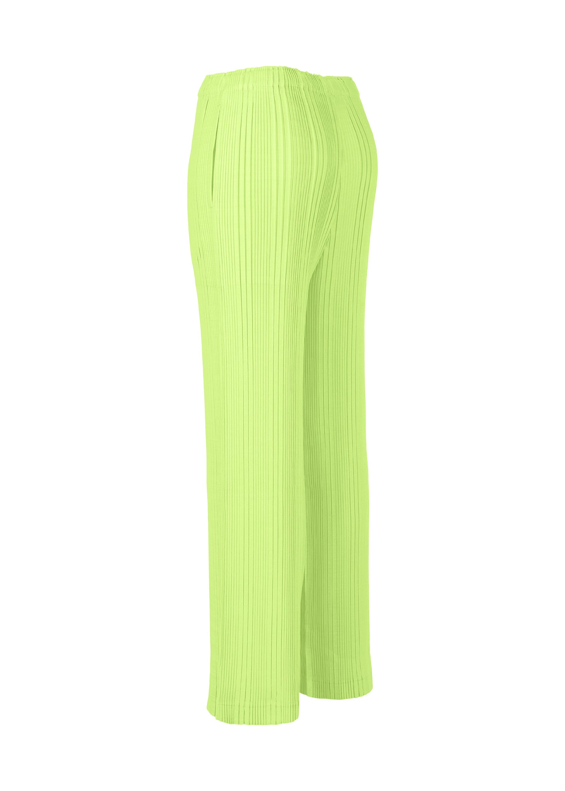 Zoomed view The ISSEY MIYAKE LINEN LIKE RIB PLEATS pants are lime green, high-waisted, and feature wide, straight legs with pleats, crafted from linen-like polyester and shown from a side view against a white background.