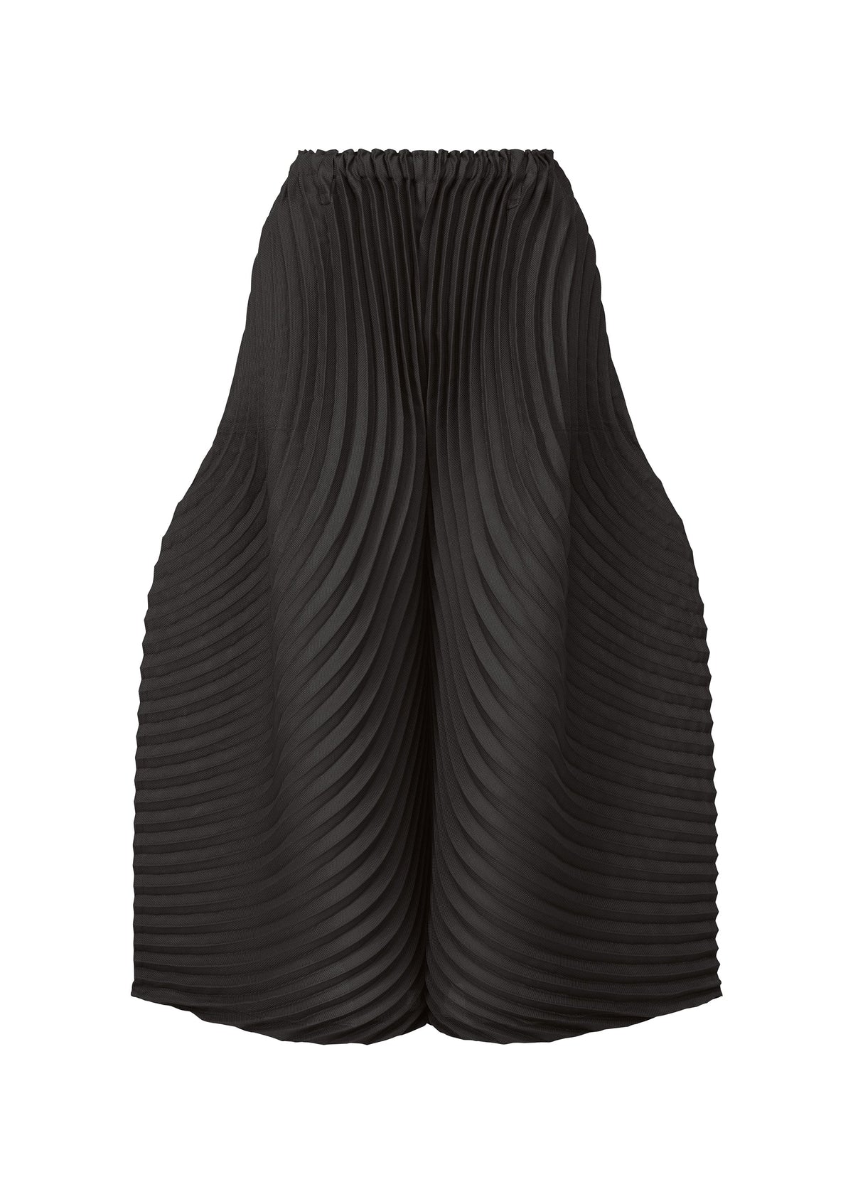 CIRCLE PLEATS PB by ISSEY MIYAKE: A black skirt with an elastic waistband and handmade pleats for a sculptural, wavy look. Made from plant-derived polyester, it drapes widely at the hips and tapers towards the hem. view 2 of 7