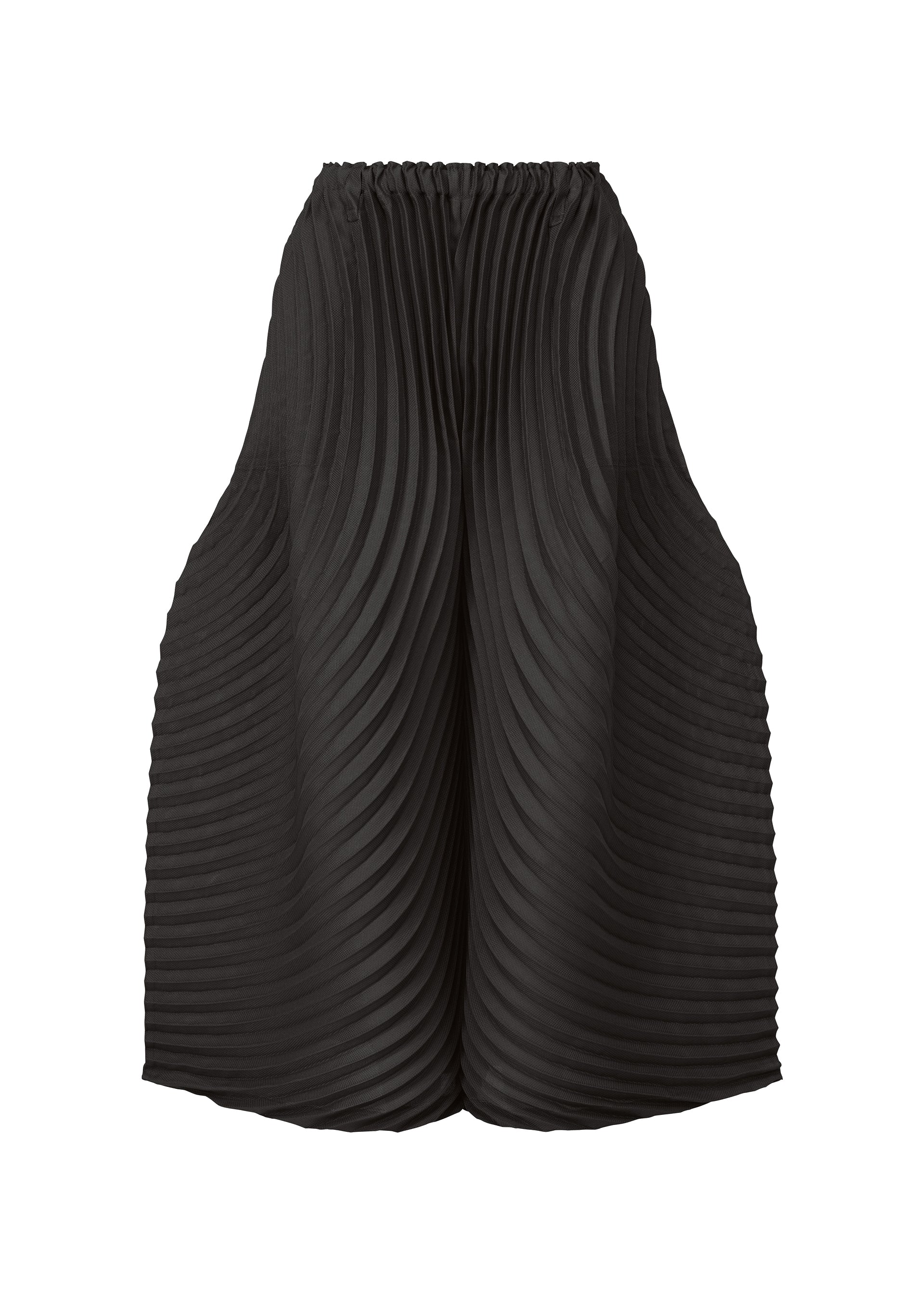 Zoomed view CIRCLE PLEATS PB by ISSEY MIYAKE: A black skirt with an elastic waistband and handmade pleats for a sculptural, wavy look. Made from plant-derived polyester, it drapes widely at the hips and tapers towards the hem. - BLACK （no.15）