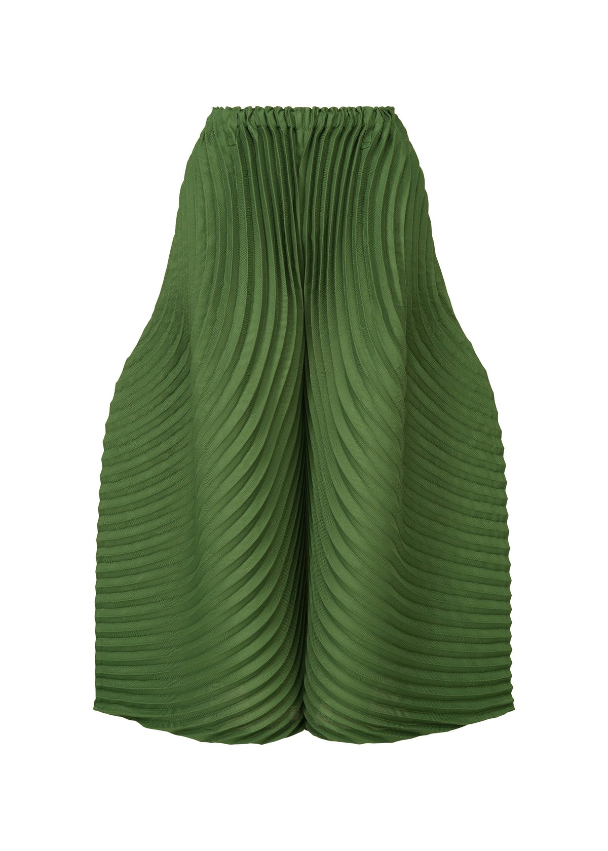The CIRCLE PLEATS PB skirt by ISSEY MIYAKE features handmade green pleats, an elastic waistband, and a sculptural wavy silhouette. Crafted from glossy, plant-derived polyester, it elegantly flares outward for a voluminous look. view 3 of 7