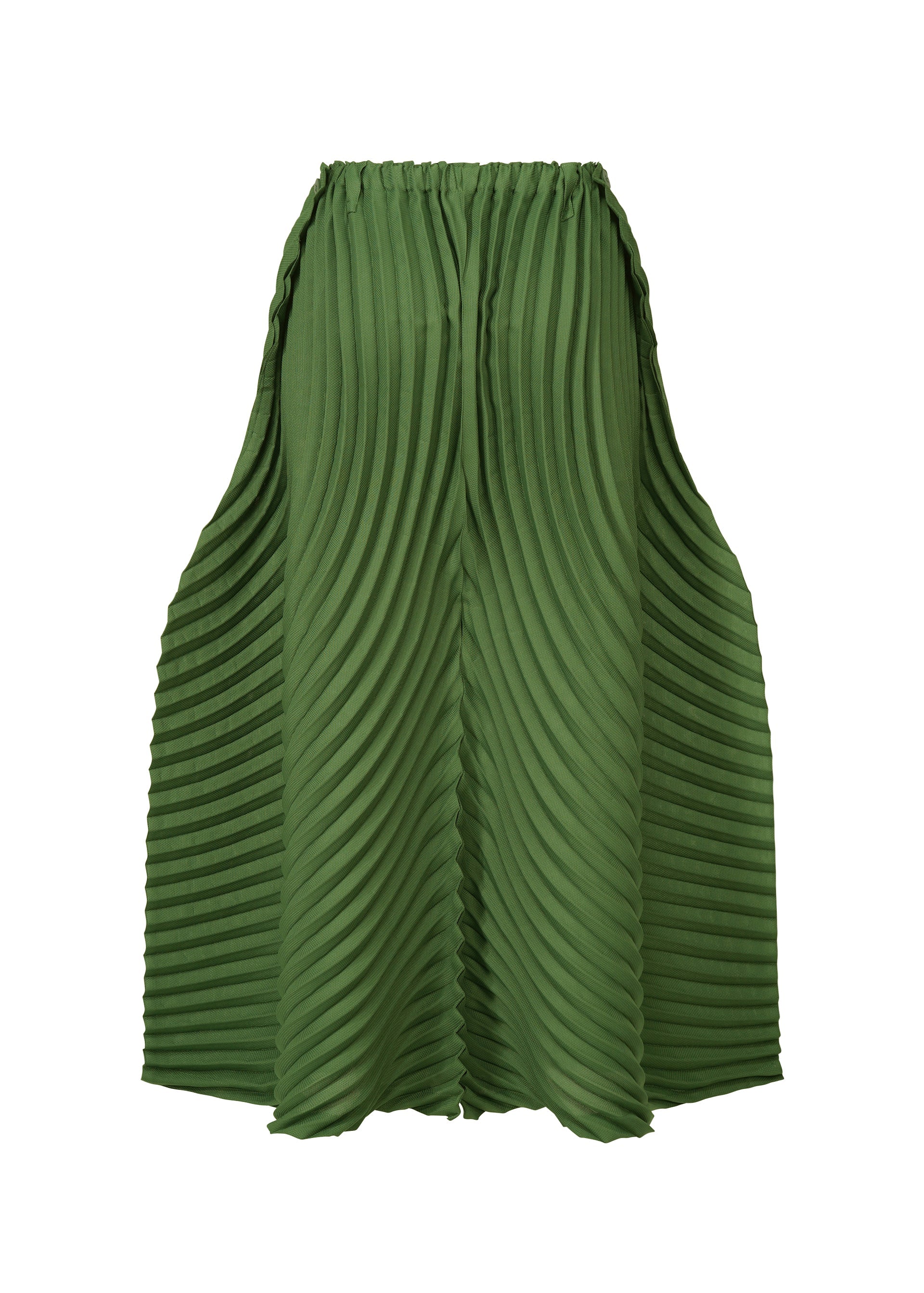 Zoomed view The ISSEY MIYAKE CIRCLE PLEATS PB is a green skirt crafted from plant-derived polyester, featuring an elastic waistband and bold handmade diagonal pleats for a voluminous, wavy, sculptural silhouette.
