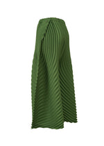 The CIRCLE PLEATS PB wide-leg pants by ISSEY MIYAKE feature a high waist, handmade diagonal pleats, elastic waistband with side button, and a flowy fit. Made from plant-derived polyester. Photographed on a white background.
