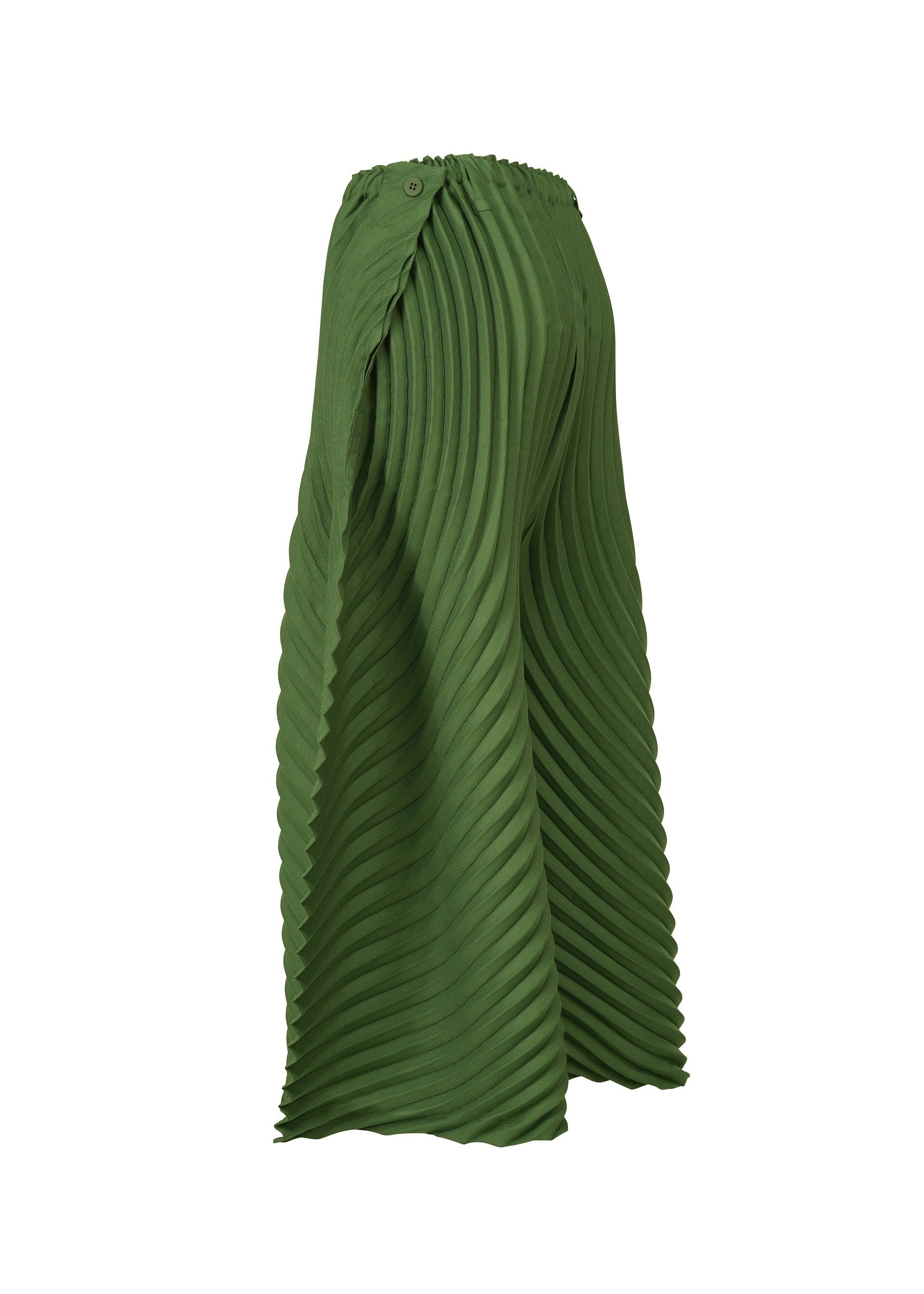 Zoomed view The CIRCLE PLEATS PB wide-leg pants by ISSEY MIYAKE feature a high waist, handmade diagonal pleats, elastic waistband with side button, and a flowy fit. Made from plant-derived polyester. Photographed on a white background.