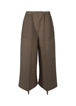 The PLASTER PLEATS SOLID by ISSEY MIYAKE are wide-leg, high-waisted brown pants in recycled polyester with a ribbed texture, flared legs, wavy hems, and no visible pockets or fastenings. - DARK BROWN （no.45）