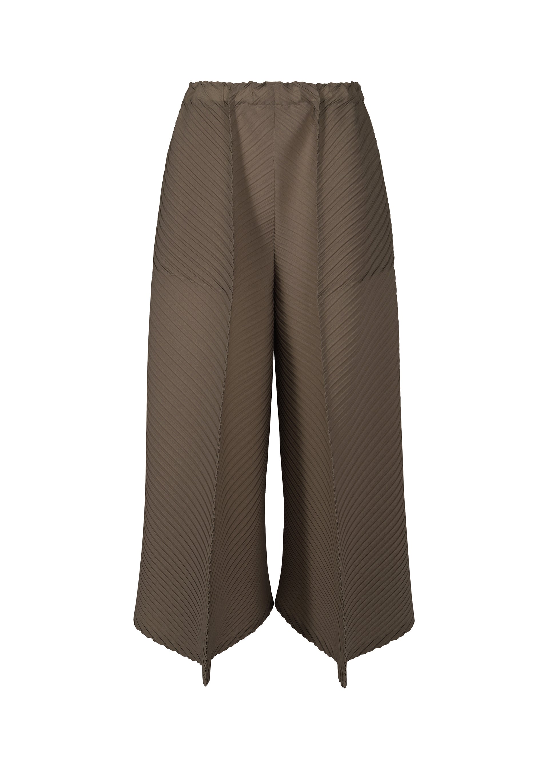 Zoomed view The PLASTER PLEATS SOLID by ISSEY MIYAKE are wide-leg, high-waisted brown pants in recycled polyester with a ribbed texture, flared legs, wavy hems, and no visible pockets or fastenings. - DARK BROWN （no.45）