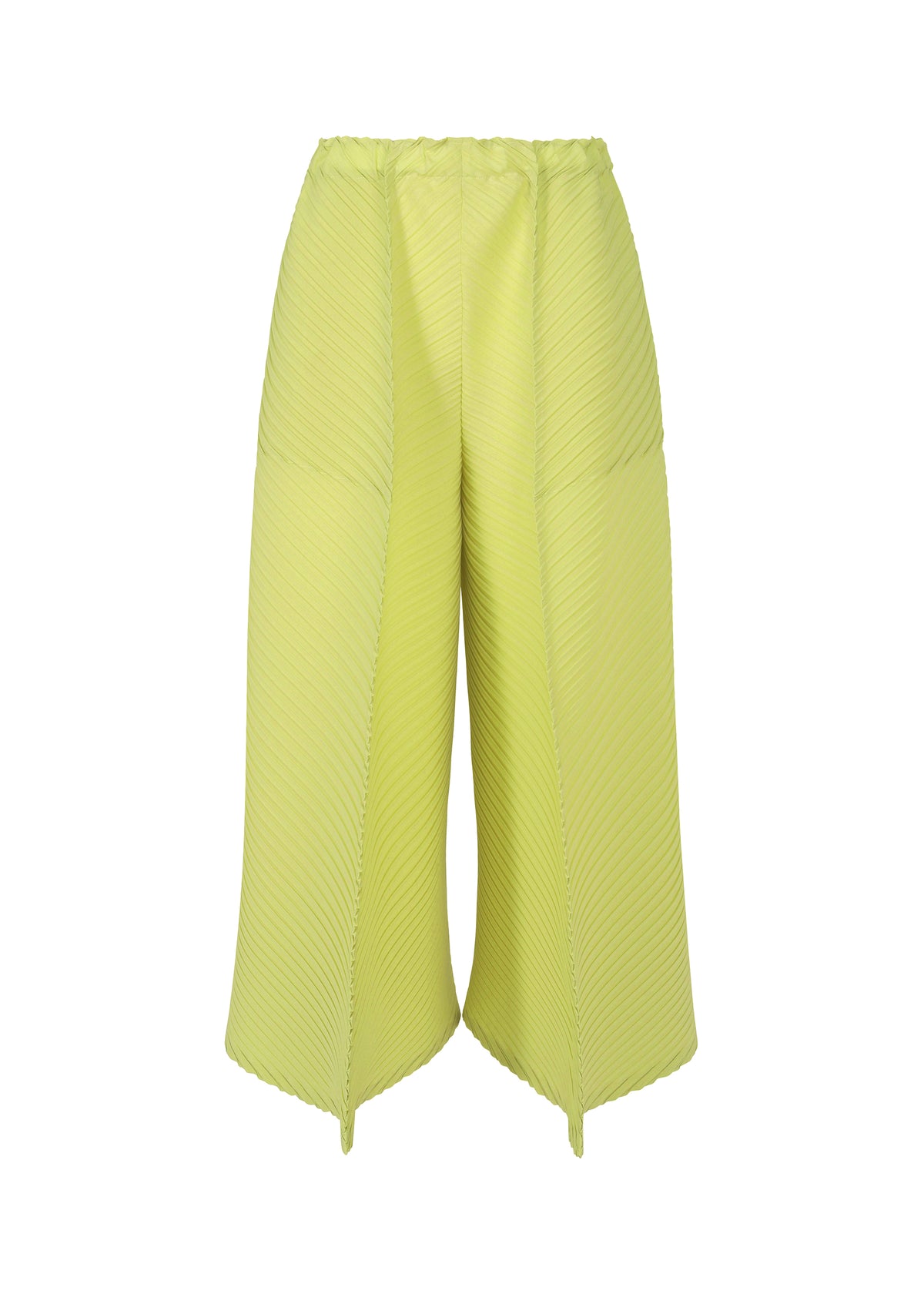 The ISSEY MIYAKE PLASTER PLEATS SOLID are lime green, high-waisted pleated wide pants in recycled polyester crêpe de Chine with unique pointed hems, shown on a plain white background. view 3 of 8