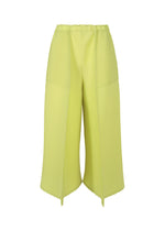 The ISSEY MIYAKE PLASTER PLEATS SOLID are lime green, high-waisted pleated wide pants in recycled polyester crêpe de Chine with unique pointed hems, shown on a plain white background. - LIGHT GREEN （no.61）