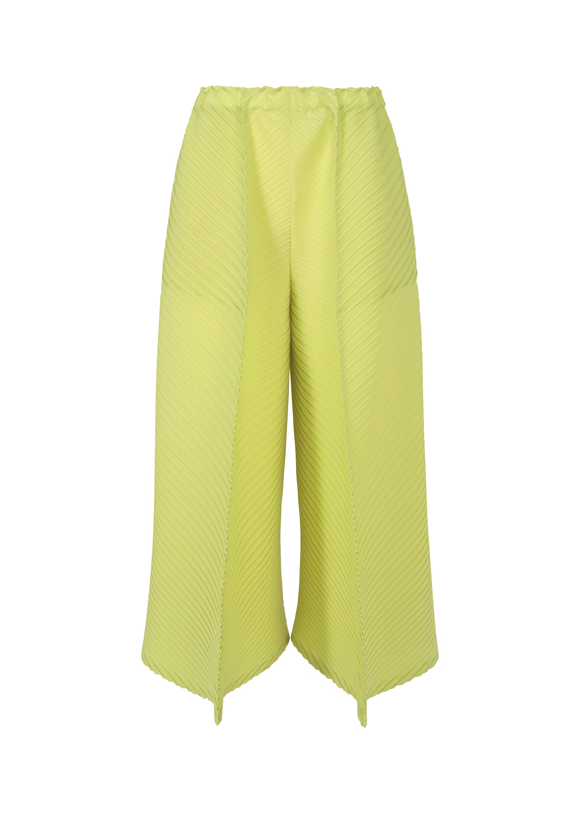 Zoomed view The ISSEY MIYAKE PLASTER PLEATS SOLID are lime green, high-waisted pleated wide pants in recycled polyester crêpe de Chine with unique pointed hems, shown on a plain white background. - LIGHT GREEN （no.61）