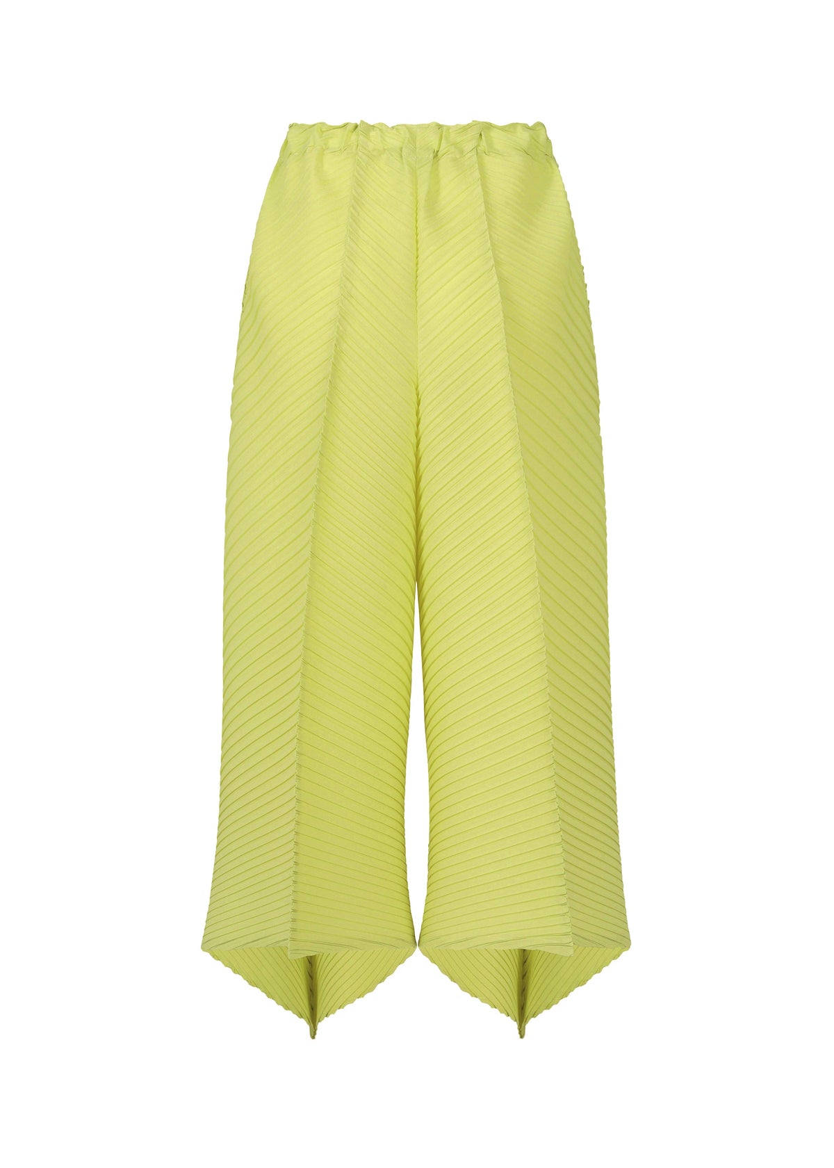 ISSEY MIYAKE’s PLASTER PLEATS SOLID are wide pants in a bright yellow-green shade, made from recycled polyester with ribbed diagonal texture, featuring an elastic waist and pointed, asymmetrical ankle hems. view 4 of 8