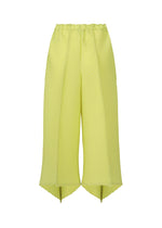 ISSEY MIYAKE’s PLASTER PLEATS SOLID are wide pants in a bright yellow-green shade, made from recycled polyester with ribbed diagonal texture, featuring an elastic waist and pointed, asymmetrical ankle hems.