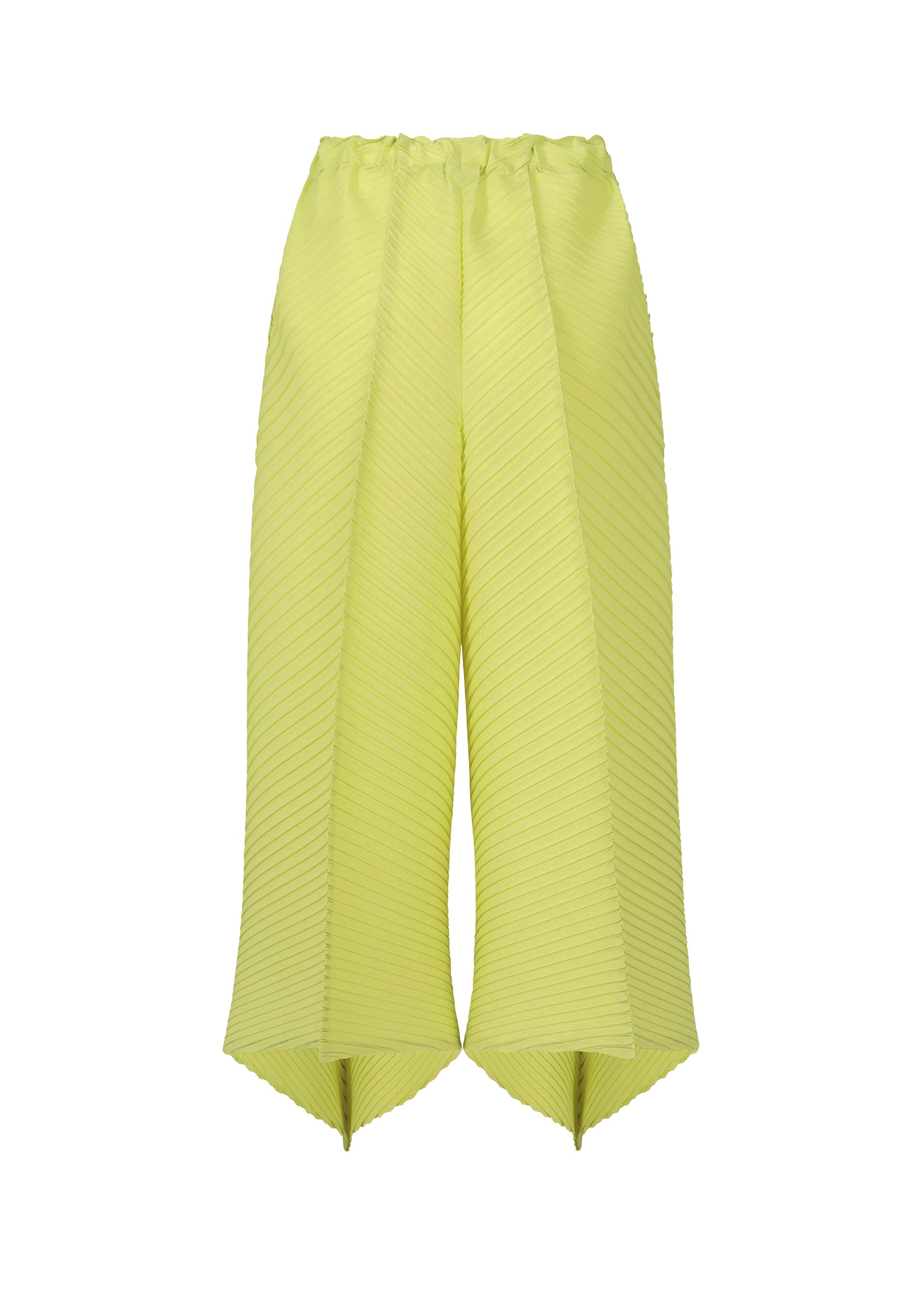 Zoomed view ISSEY MIYAKE’s PLASTER PLEATS SOLID are wide pants in a bright yellow-green shade, made from recycled polyester with ribbed diagonal texture, featuring an elastic waist and pointed, asymmetrical ankle hems.