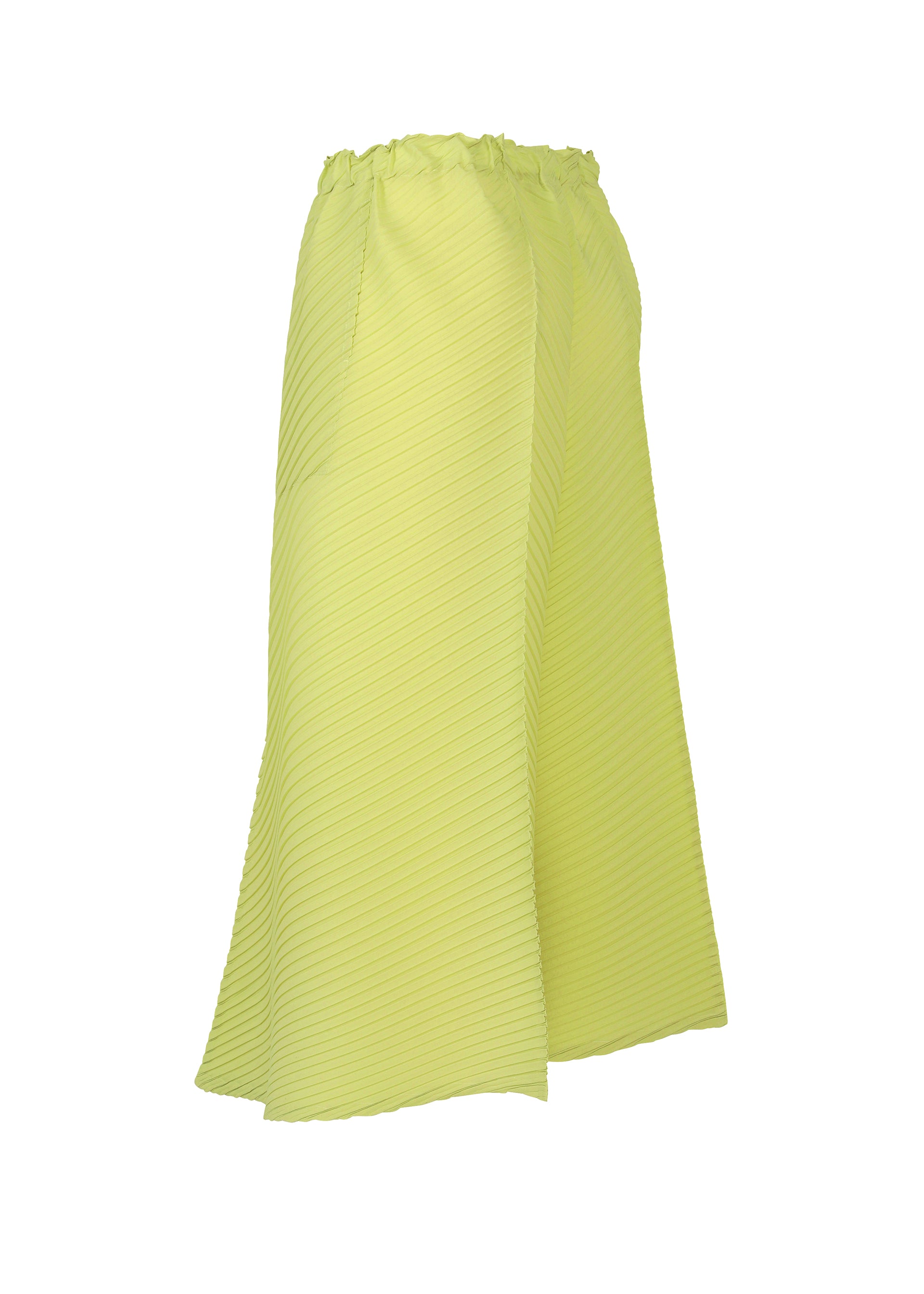 Zoomed view The ISSEY MIYAKE PLASTER PLEATS SOLID is a light yellow, calf-length A-line skirt made from recycled polyester, featuring subtle diagonal stripes and an elastic waistband, displayed against a white background.