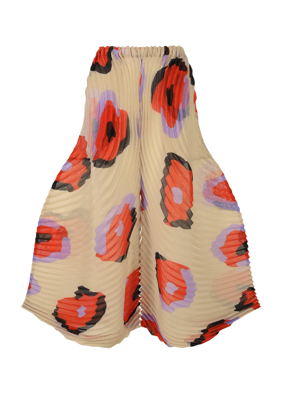 The VERVE pants by ISSEY MIYAKE feature a beige base, handmade pleats, and a striking hand-drawn floral print in red, purple, and black. view 2 of 10