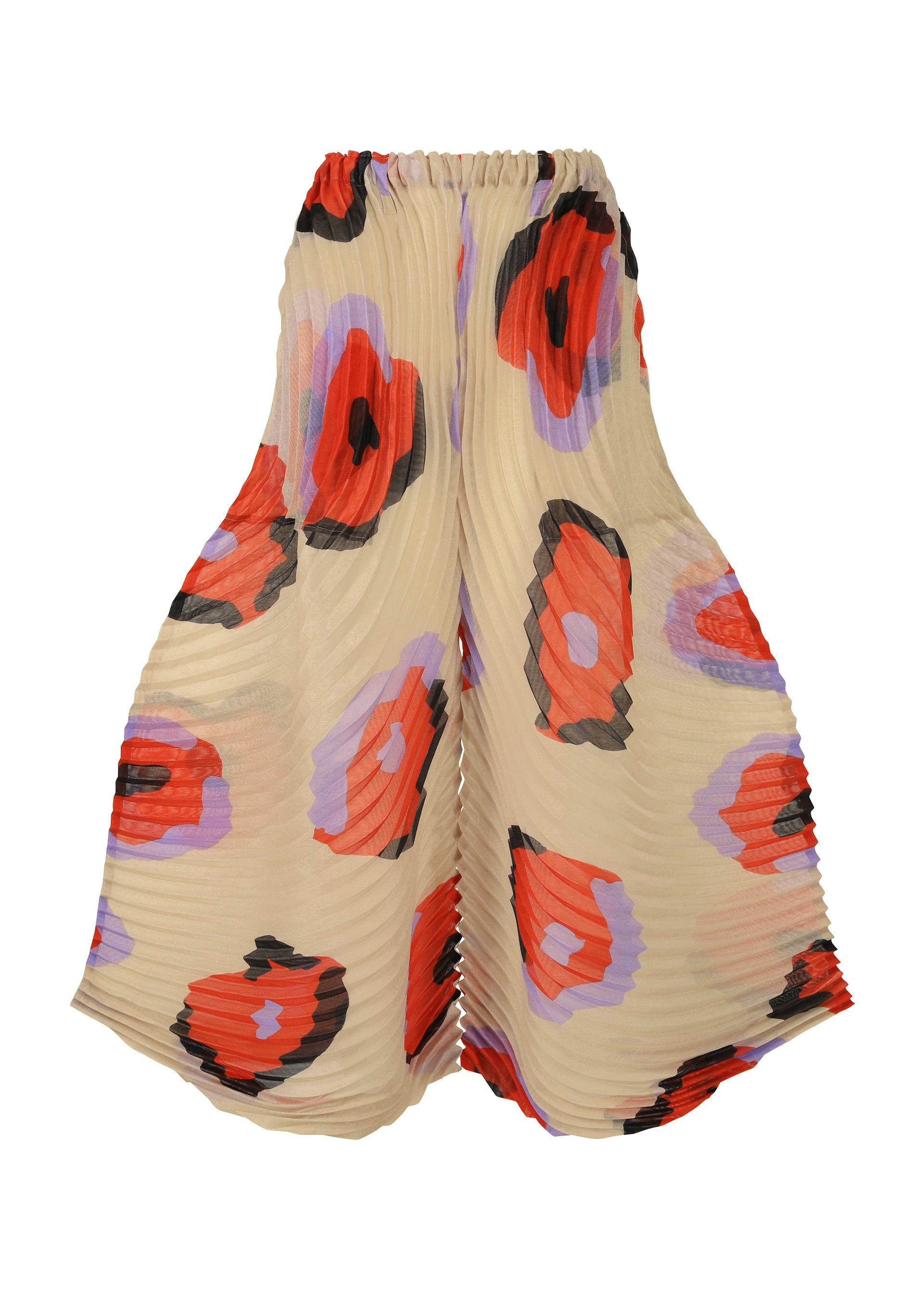 Zoomed view The VERVE pants by ISSEY MIYAKE feature a beige base, handmade pleats, and a striking hand-drawn floral print in red, purple, and black. - BEIGE-HUED （no.46）