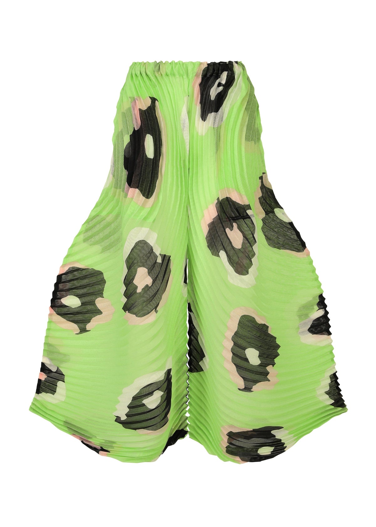 The VERVE wide-leg pants by ISSEY MIYAKE feature a bright lime green base with bold black, beige, and pink leopard print, an elastic waistband, handmade pleats, and flowy textured fabric. view 3 of 10