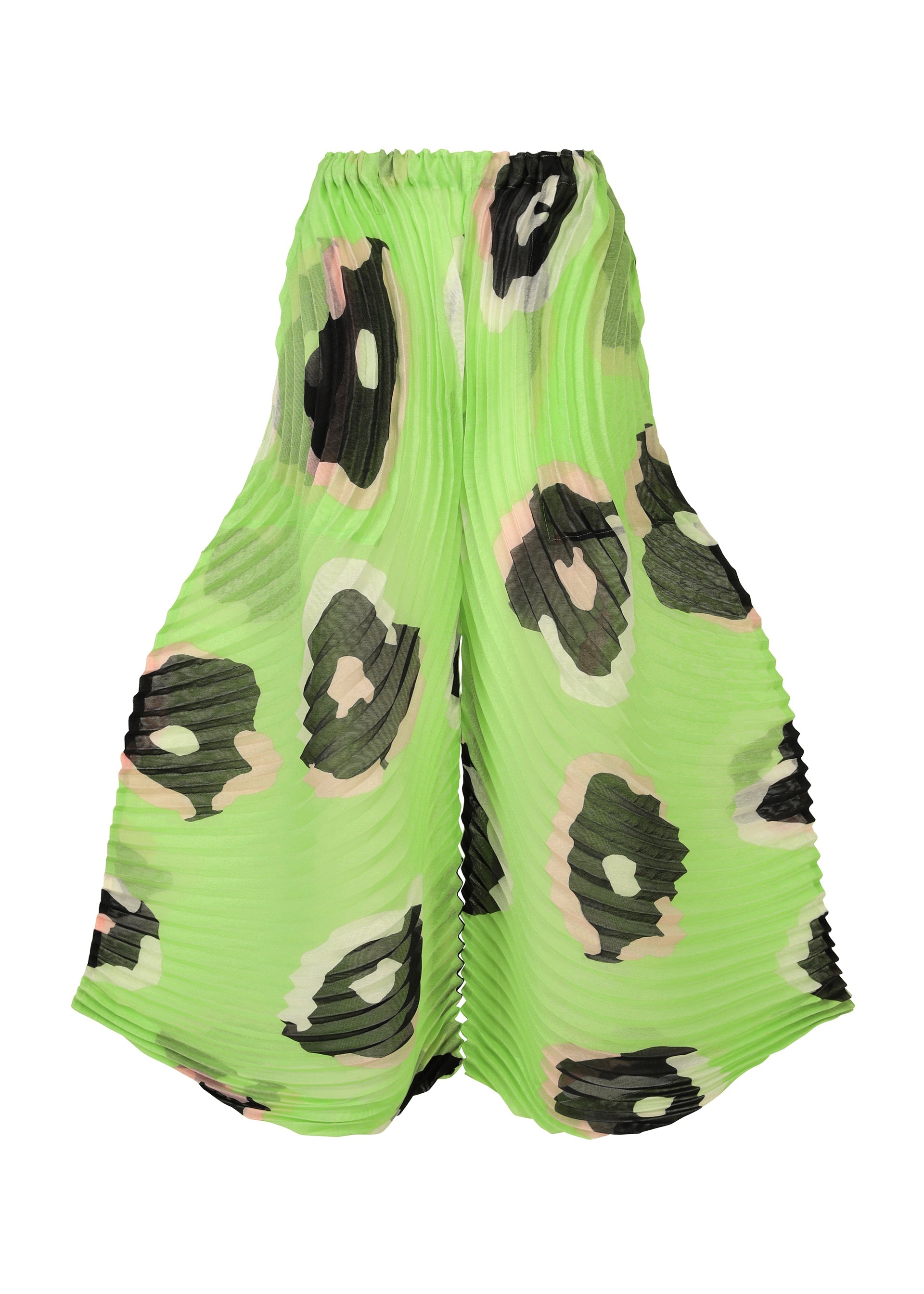 Zoomed view The VERVE wide-leg pants by ISSEY MIYAKE feature a bright lime green base with bold black, beige, and pink leopard print, an elastic waistband, handmade pleats, and flowy textured fabric. - GREEN-HUED （no.66）