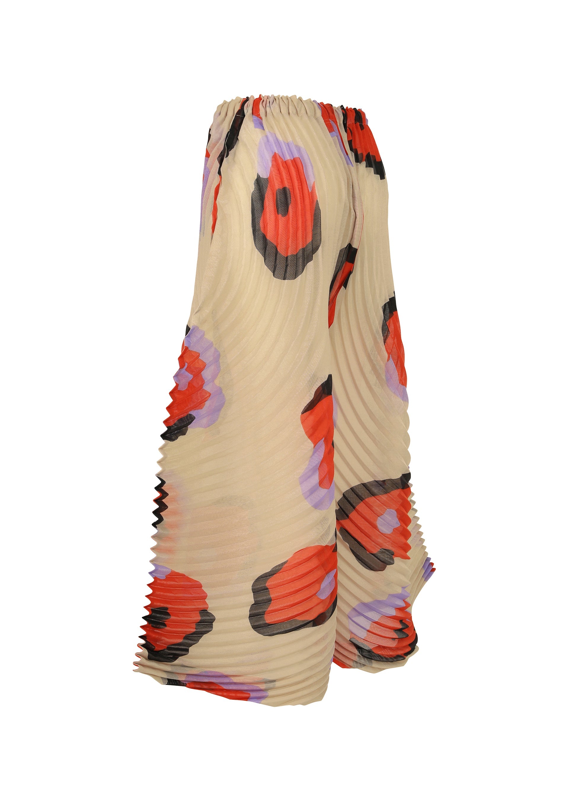 Zoomed view ISSEY MIYAKE’s VERVE pants are beige with handmade pleats and a bold red, black, and purple hand-drawn floral pattern. The elastic waistband and textured diagonal ribbing add comfort and dimension.