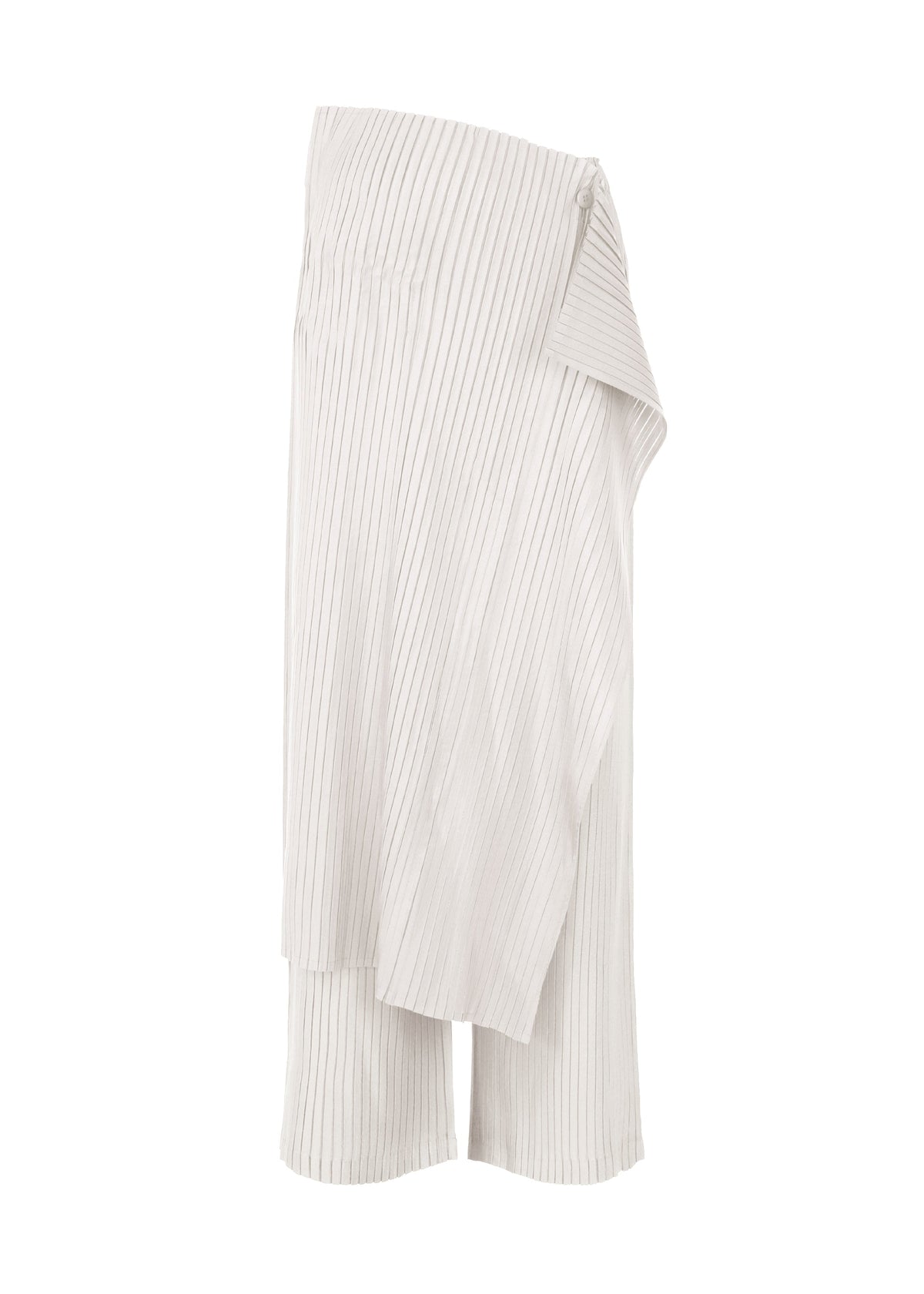 ISSEY MIYAKE’s PLEATED ON PLEATS shorts feature a cream hue, wide-leg cut, vertical pinstripes, and an asymmetrical layered design with pleats for a modern, draped look. view 1 of 8