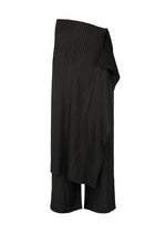 ISSEY MIYAKE’s PLEATED ON PLEATS is a black, knee-length skirt with an asymmetrical wrap, layered fabric detailing on one side, and a pleated base, shown against a white background. - BLACK （no.15）