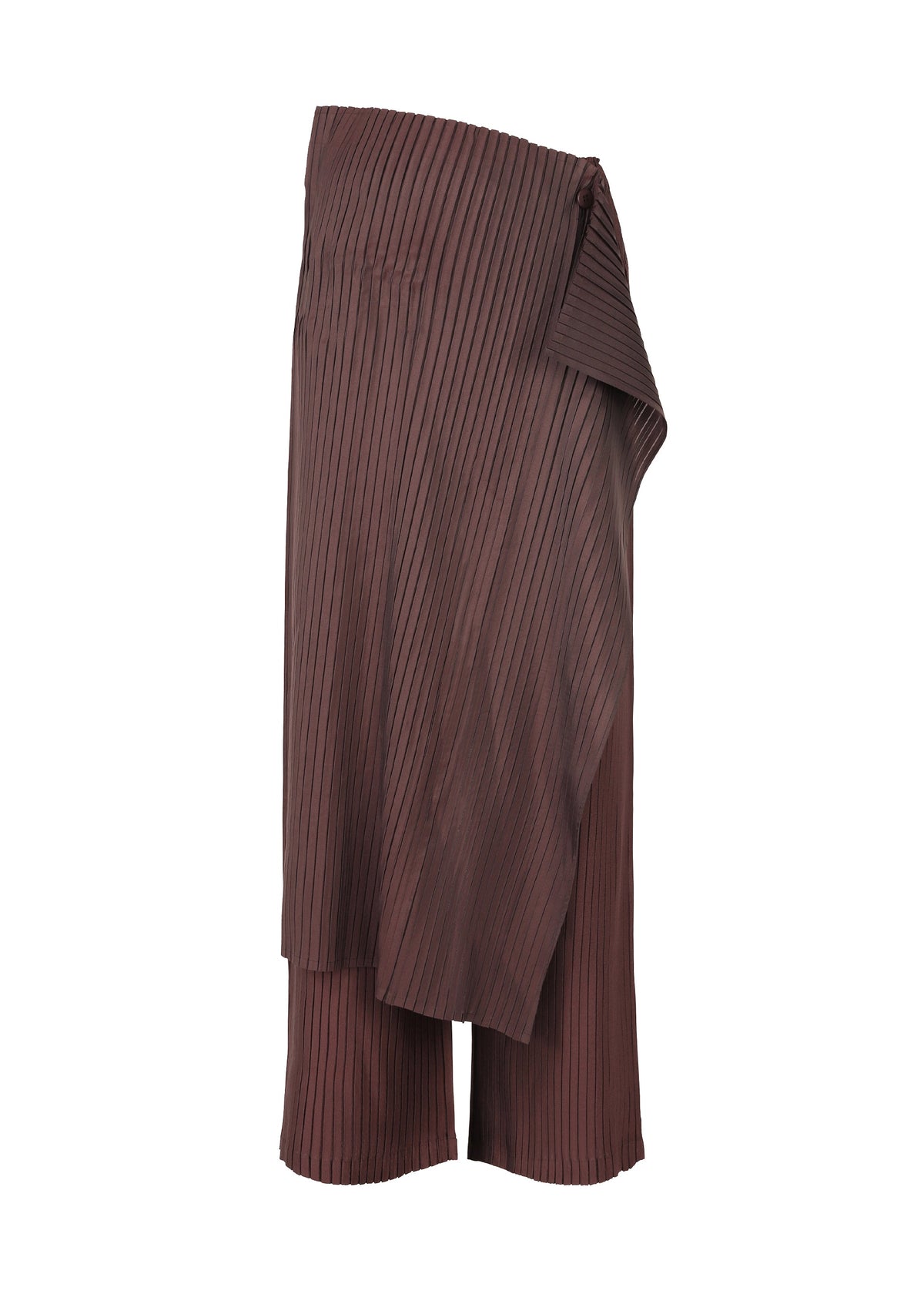 The ISSEY MIYAKE PLEATED ON PLEATS shorts are brown, knee-length, with a pleated base and an asymmetrical, layered design featuring overlapping fabric on one side. view 3 of 8