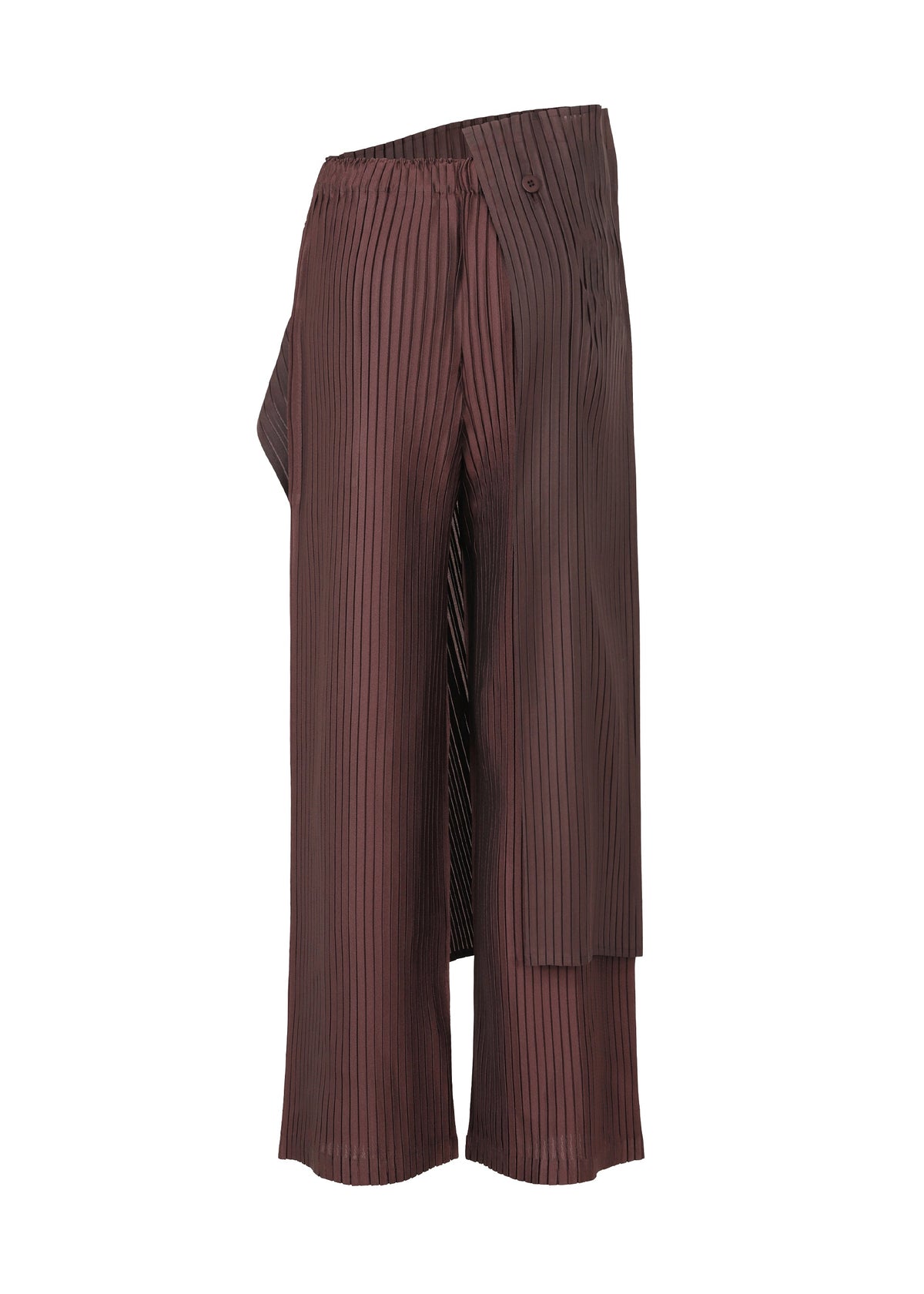 ISSEY MIYAKE’s PLEATED ON PLEATS pants feature brown wide legs with vertical black pinstripes, an asymmetric draped overlay, subtle sheen, pleated base, and a partially elastic waistband. view 4 of 8