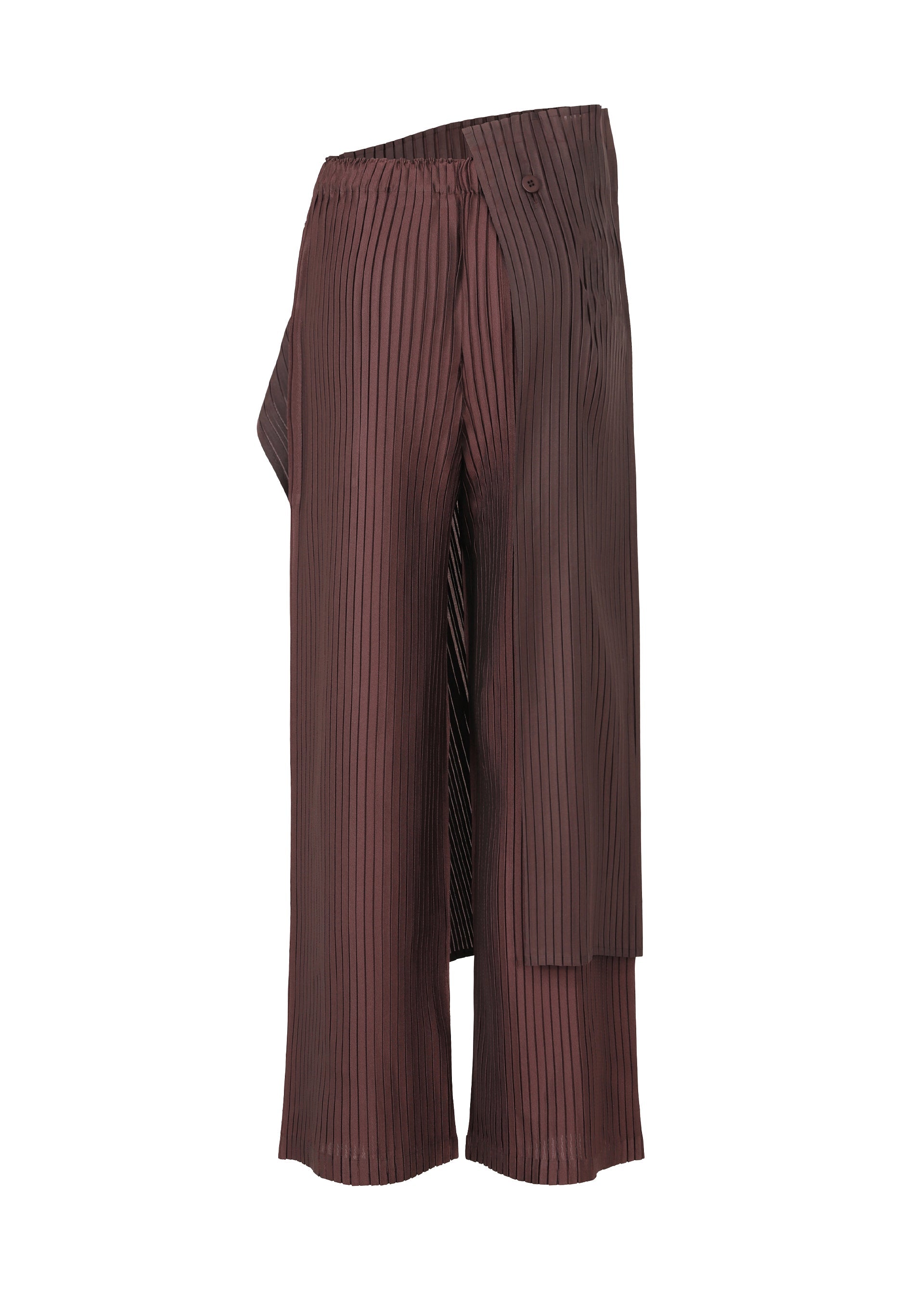 Zoomed view ISSEY MIYAKE’s PLEATED ON PLEATS pants feature brown wide legs with vertical black pinstripes, an asymmetric draped overlay, subtle sheen, pleated base, and a partially elastic waistband.
