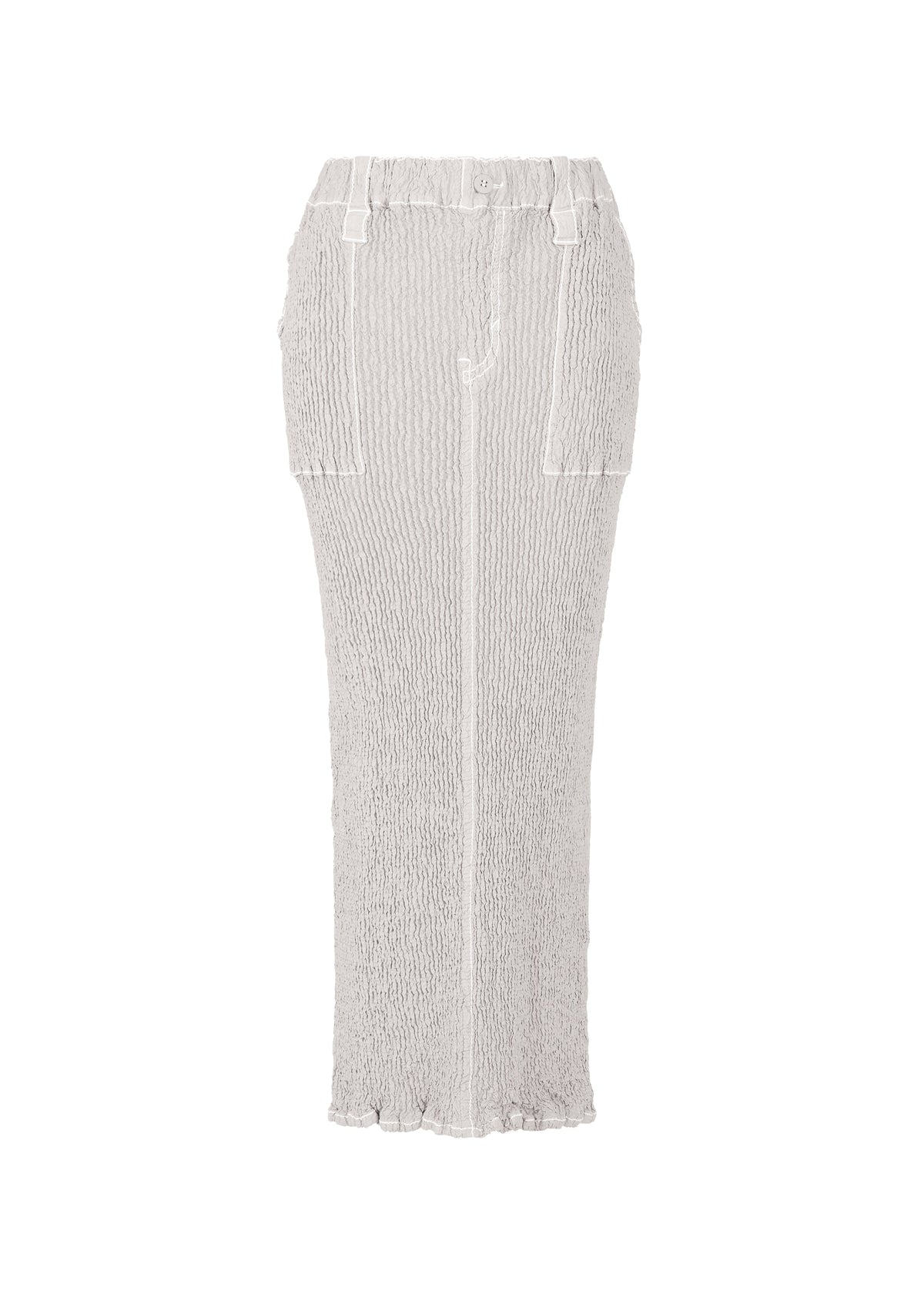 The ISSEY MIYAKE WAVELET ENSEMBLE is a light gray, high-waisted skirt crafted from lightweight polyester with a textured, slightly crinkled finish, belt loops, visible seams, and a design that allows easy movement. view 1 of 9