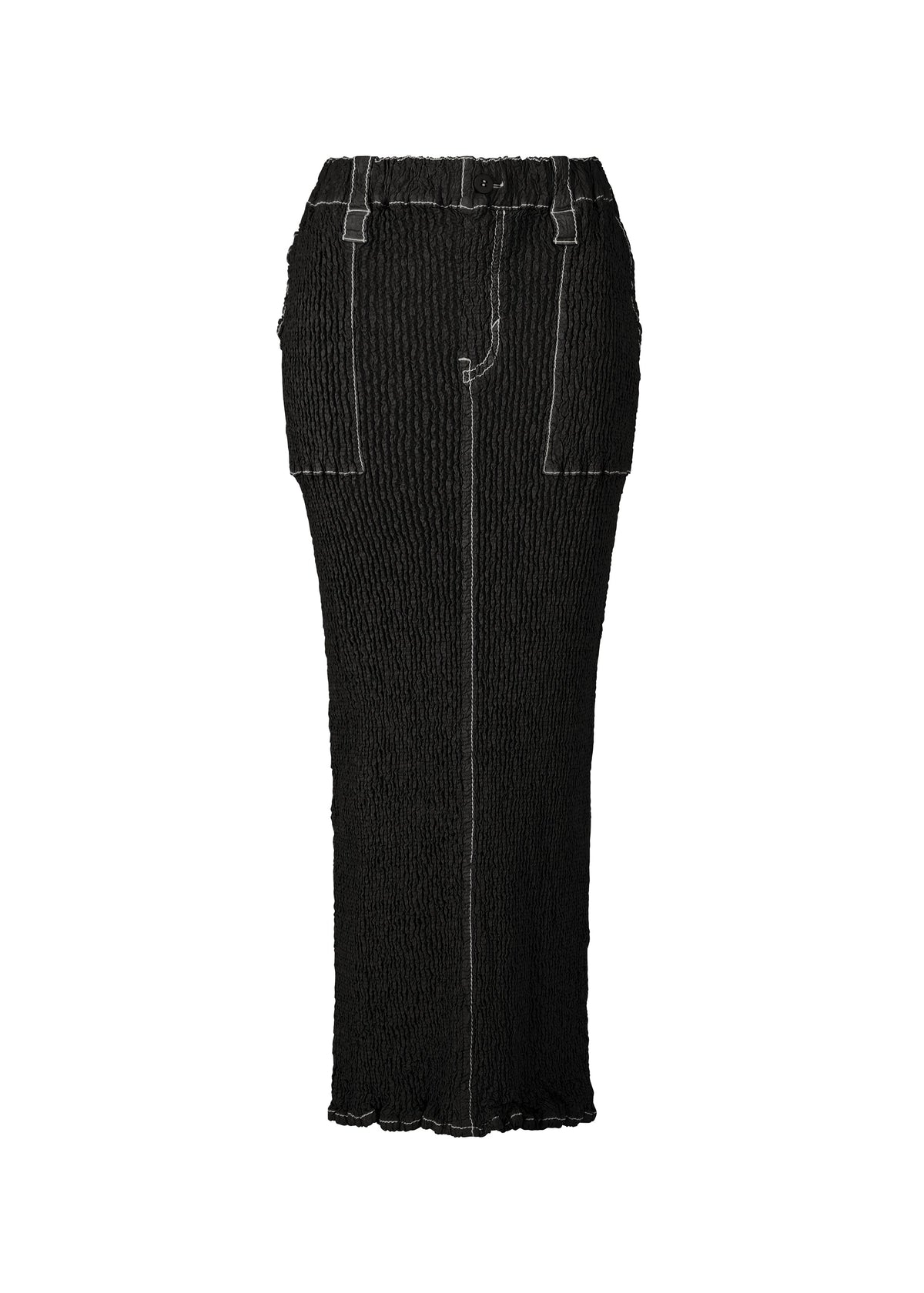 The WAVELET ENSEMBLE by ISSEY MIYAKE is a long black jacquard stretch skirt with visible white stitching, belt loops, and pocket details, shown on a plain white background. view 2 of 9
