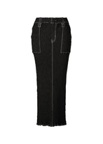 The WAVELET ENSEMBLE by ISSEY MIYAKE is a long black jacquard stretch skirt with visible white stitching, belt loops, and pocket details, shown on a plain white background. - BLACK （no.15）