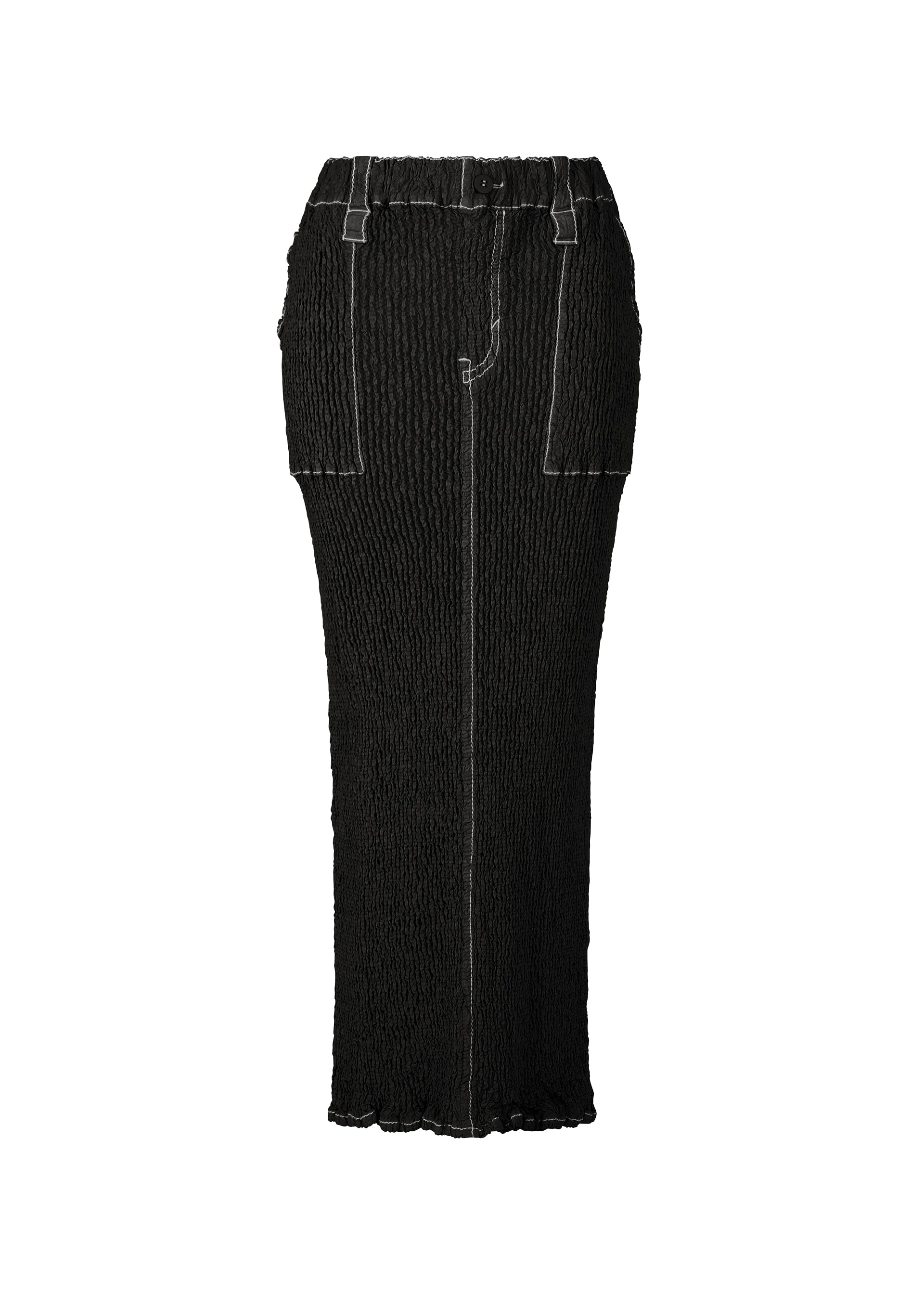 Zoomed view The WAVELET ENSEMBLE by ISSEY MIYAKE is a long black jacquard stretch skirt with visible white stitching, belt loops, and pocket details, shown on a plain white background. - BLACK （no.15）
