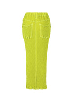 The WAVELET ENSEMBLE by ISSEY MIYAKE is a bright yellow-green jacquard stretch maxi skirt with back patch pockets, an elastic waistband, scalloped hem, and a crinkled-effect lightweight polyester fabric.