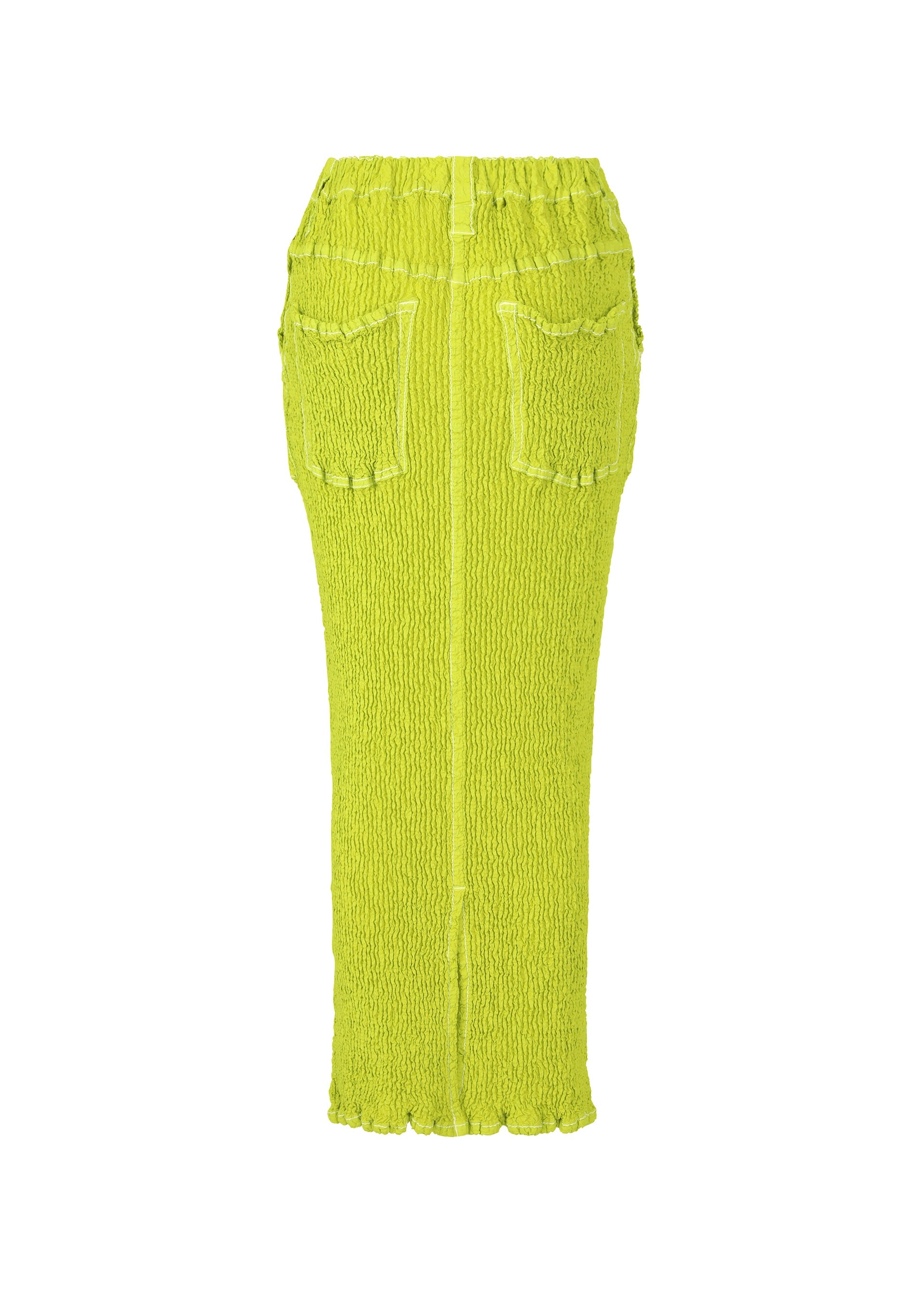 Zoomed view The WAVELET ENSEMBLE by ISSEY MIYAKE is a bright yellow-green jacquard stretch maxi skirt with back patch pockets, an elastic waistband, scalloped hem, and a crinkled-effect lightweight polyester fabric.
