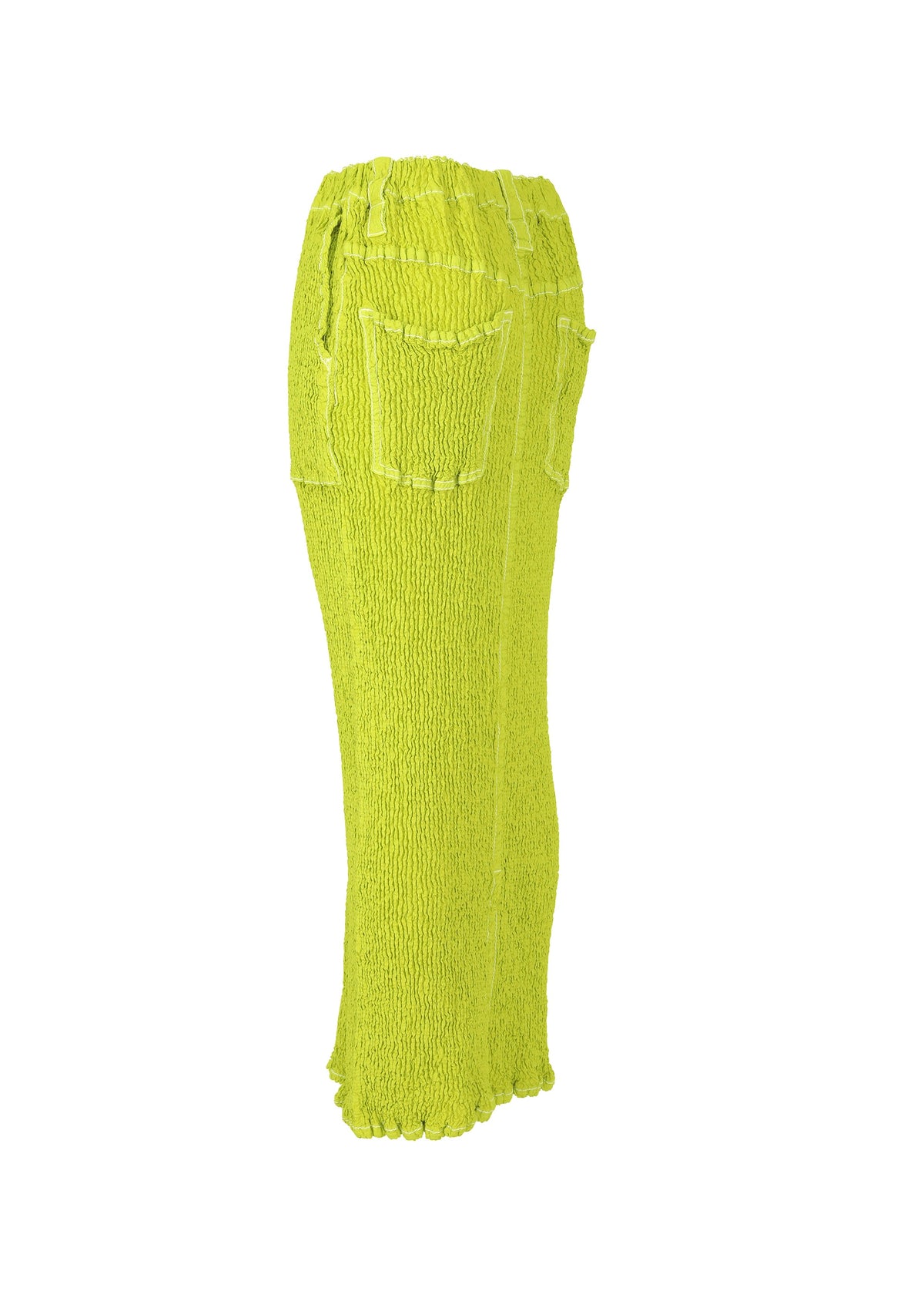 The WAVELET ENSEMBLE pants by ISSEY MIYAKE are bright yellow-green jacquard stretch pants featuring a high waist, back pocket, scalloped edges, and a handmade knitted or crocheted look. view 5 of 9