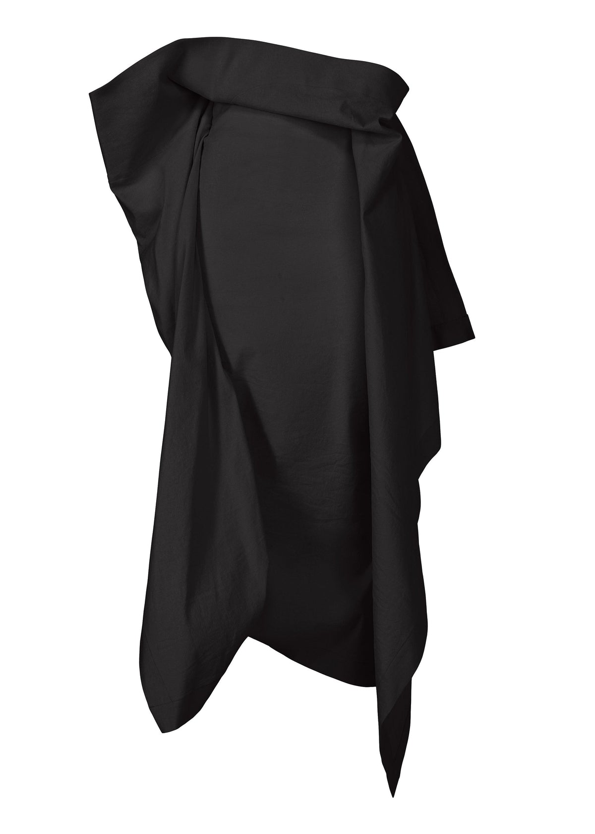 A black cloth resembling a 3D skirt drapes over a hidden rectangle, its loose folds and uneven edges creating an abstract, mysterious look. "CONCEALED" by ISSEY MIYAKE stands out against the white background. view 2 of 7