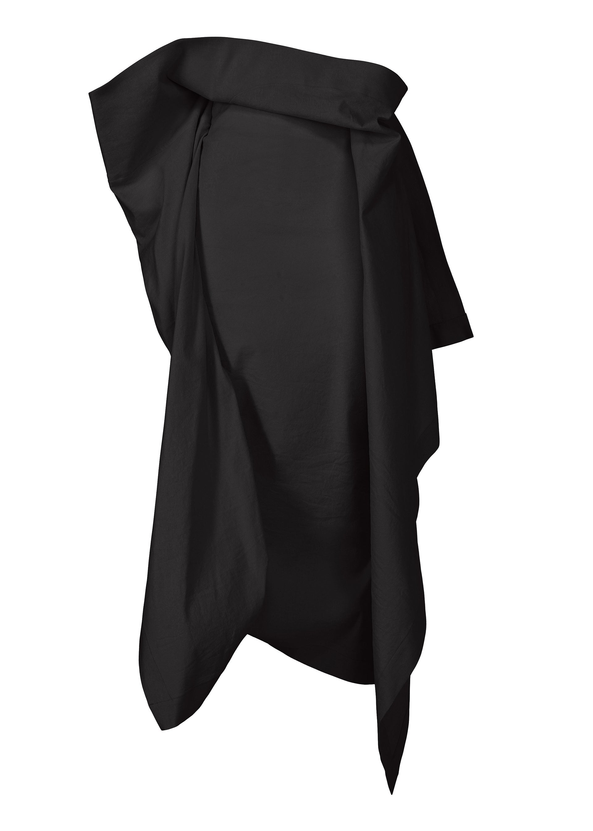 Zoomed view A black cloth resembling a 3D skirt drapes over a hidden rectangle, its loose folds and uneven edges creating an abstract, mysterious look. "CONCEALED" by ISSEY MIYAKE stands out against the white background. - BLACK （no.15）