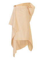 The ISSEY MIYAKE CONCEALED skirt features pale peach Japanese Washi, an asymmetrical draped layered design, and an elastic waistband. Textured cotton creates a modern, sculptural silhouette with uneven lines.