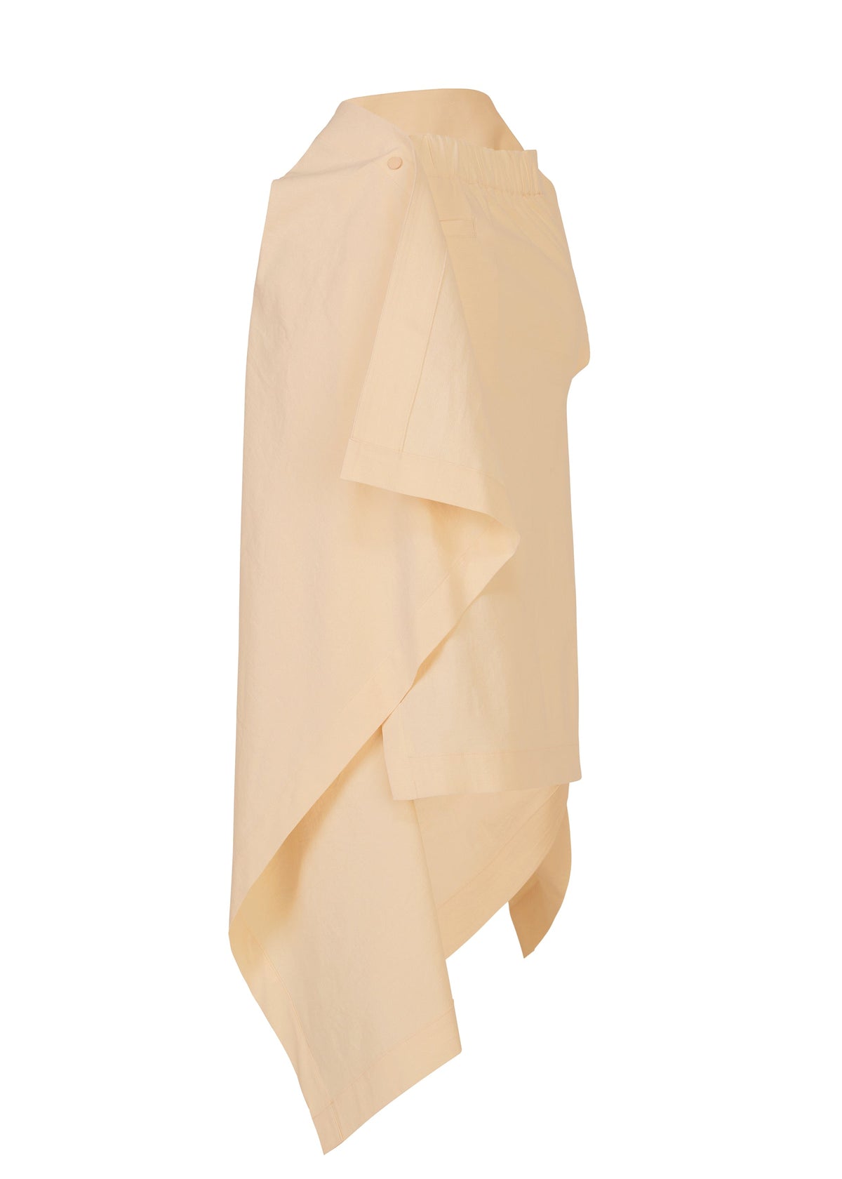 The CONCEALED skirt by ISSEY MIYAKE is a light beige, asymmetrical wrap skirt made from textured cotton with overlapping panels and a button waist closure, shown against a plain white background. view 4 of 7