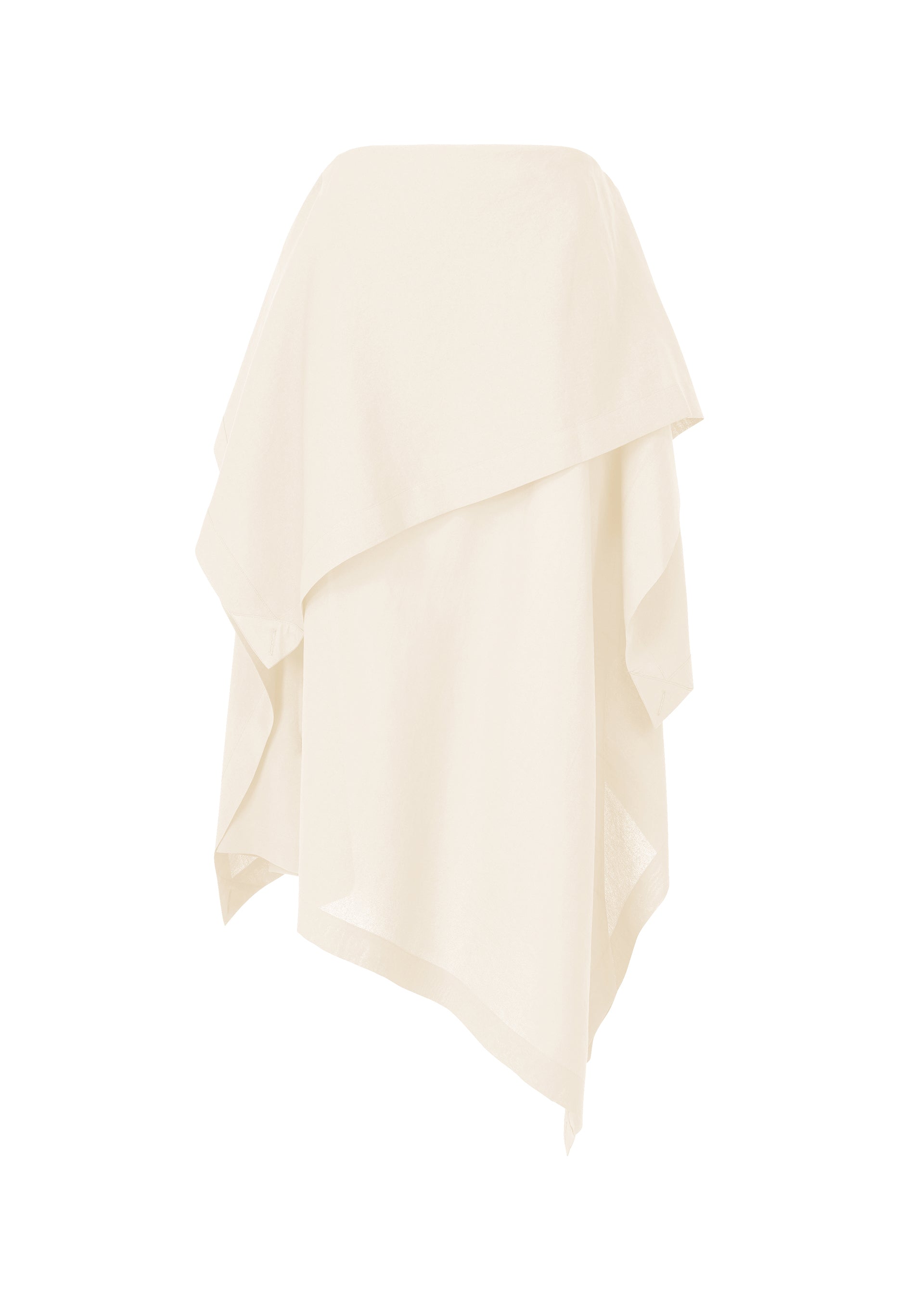 Zoomed view The ALL SQUARES poncho by ISSEY MIYAKE features a cream color, asymmetrical design in ultra-fine polyester with layered draping and an uneven hem, displayed on a plain white background. - WHITE (no.01)