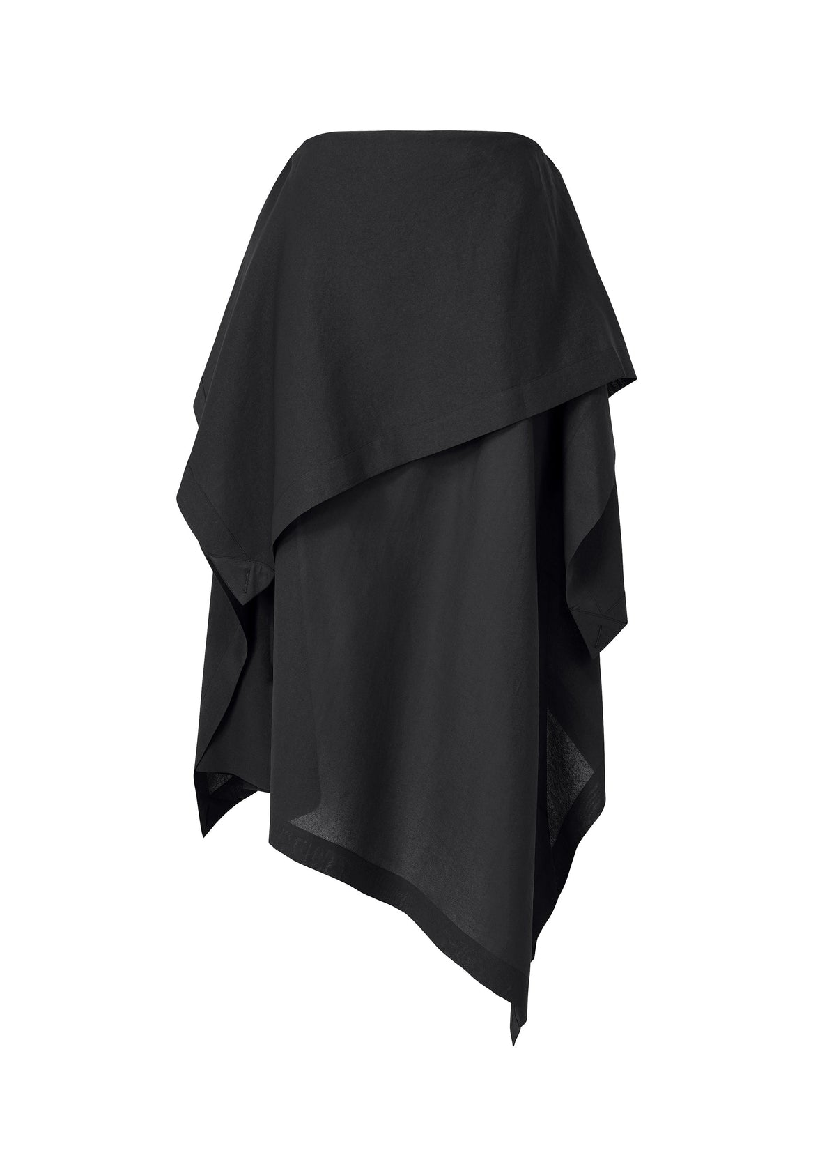 The ALL SQUARES by ISSEY MIYAKE is a black, asymmetrical poncho crafted from ultra-fine polyester with layered draping and an uneven hem, shown on a plain white background. view 2 of 10